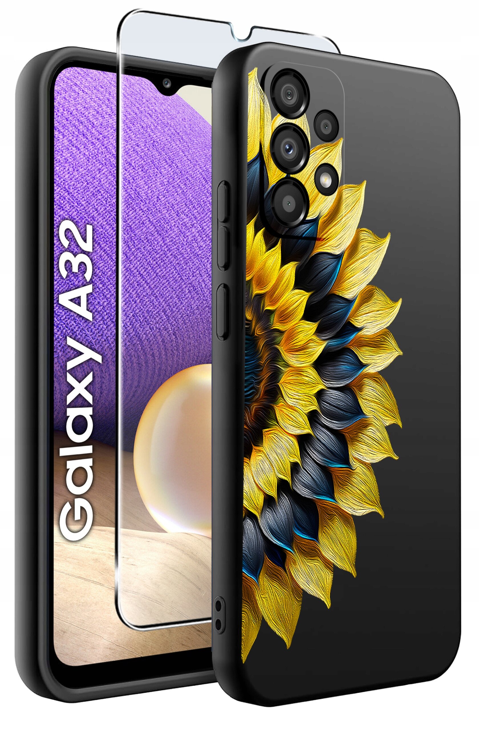 Etui na telefon z motywem słonecznika, obok którego znajduje się szkło ochronne. Na ekranie telefonu widoczny jest napis \'Galaxy A32\'.