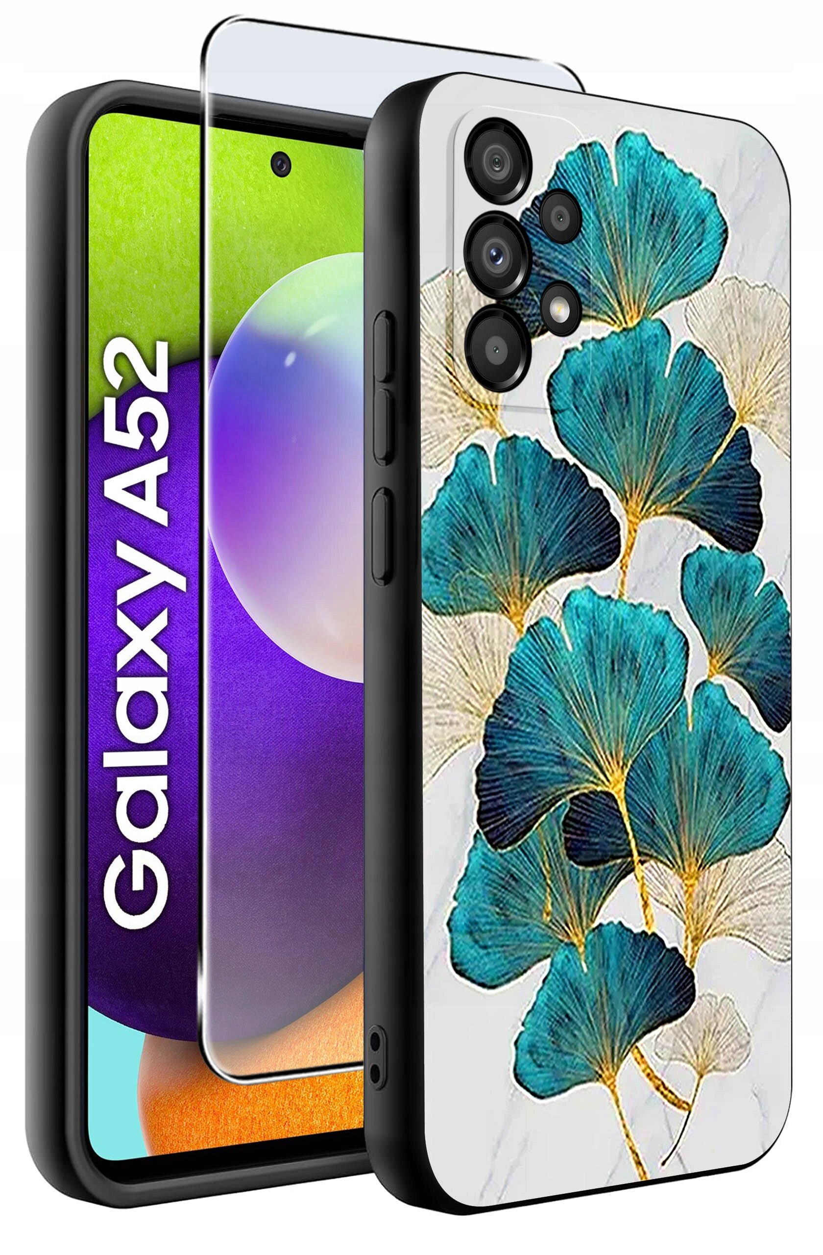Etui na telefon z wzorem niebiesko-zielonych liści na białym tle, obok którego znajduje się szkło ochronne. Na ekranie telefonu widoczny jest napis \'Galaxy A52\'.