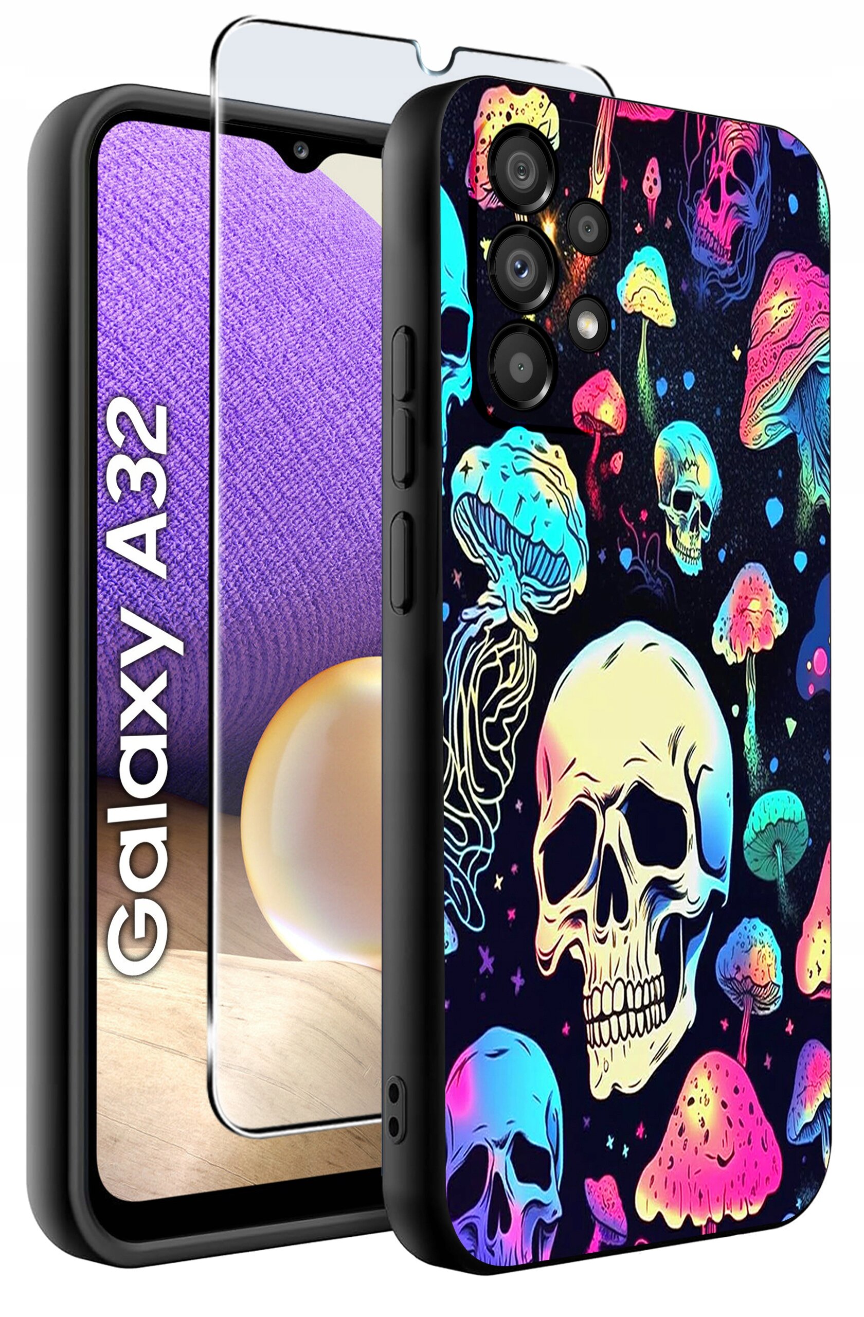 Etui na telefon z kolorowym wzorem czaszek i grzybów, obok znajduje się szkło ochronne. Widoczny napis: \'Galaxy A32\'.