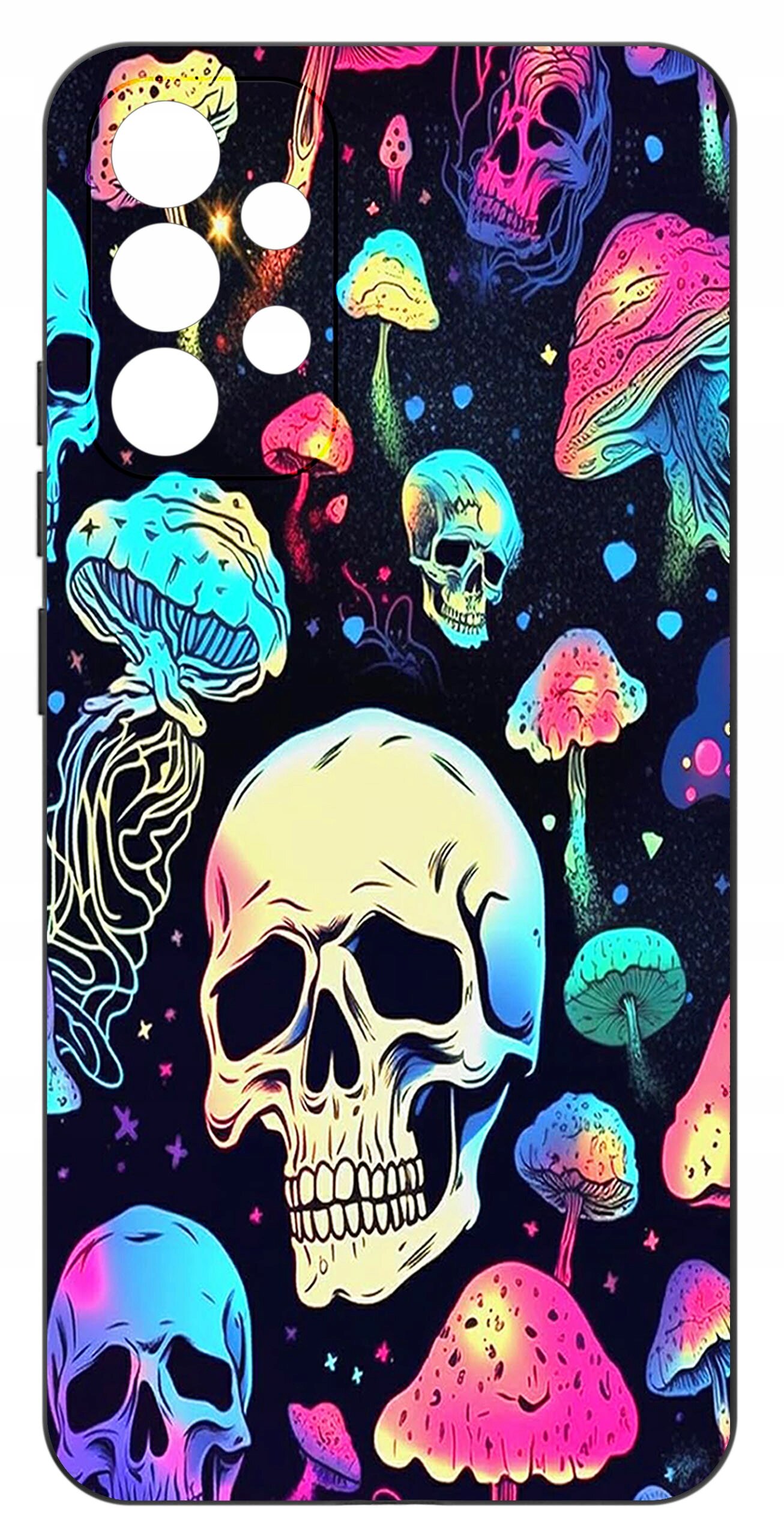 Etui na telefon z kolorowym wzorem czaszek i grzybów na ciemnym tle.