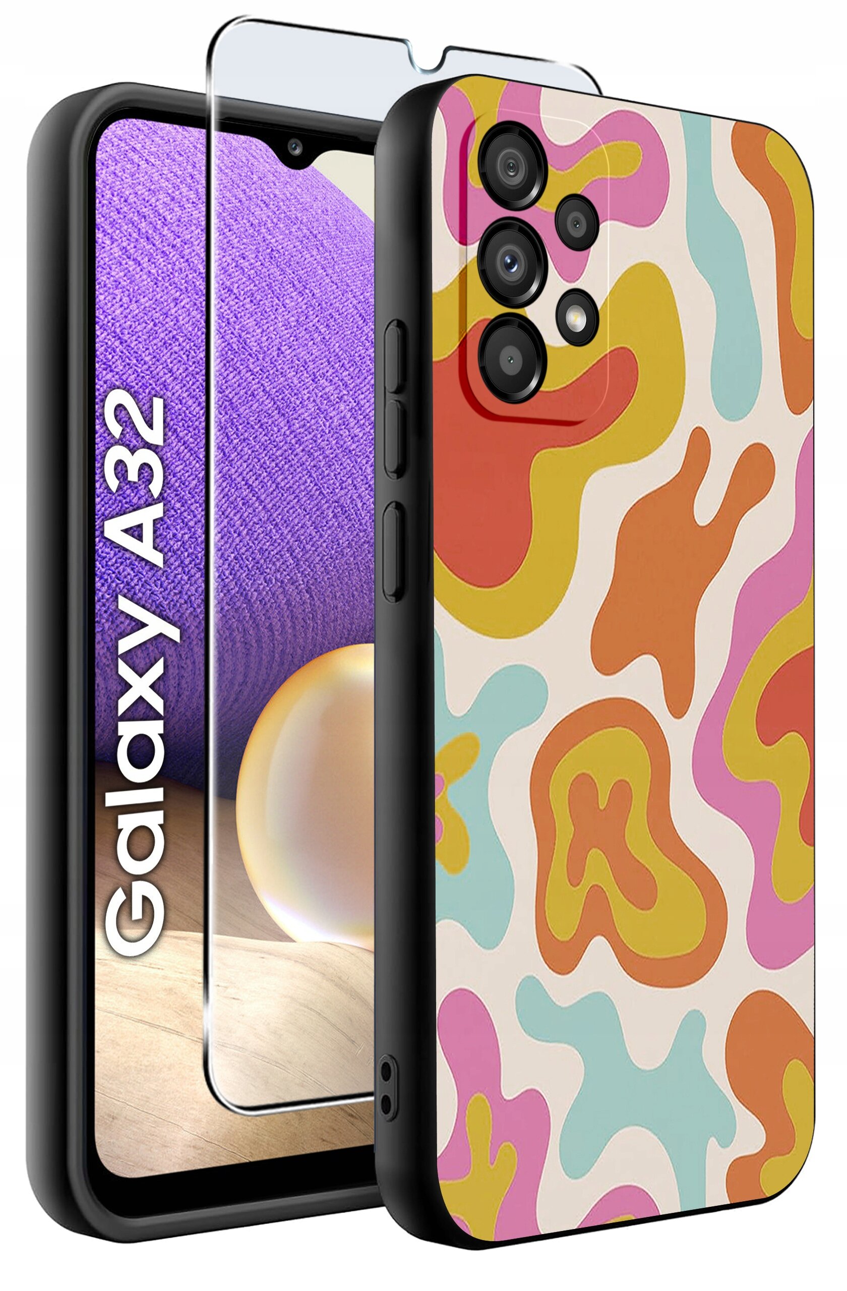 Obraz przedstawia etui na telefon z kolorowym, abstrakcyjnym wzorem oraz szkło ochronne. Na ekranie telefonu widoczny jest napis \'Galaxy A32\'.