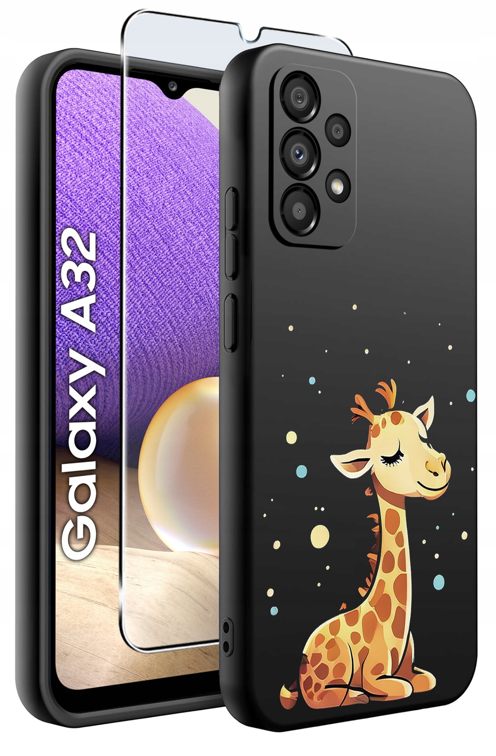 Etui na telefon z grafiką żyrafy na czarnym tle oraz szkło ochronne. Widoczny napis: \'Galaxy A32\'.