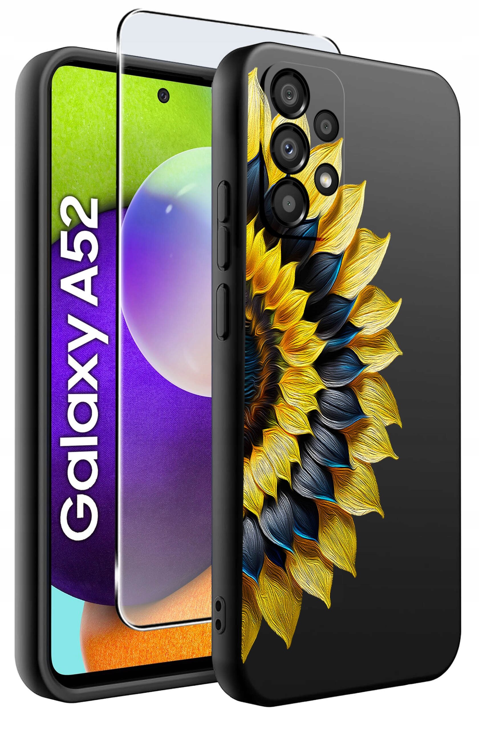 Obraz przedstawia etui na telefon z motywem słonecznika, przeznaczone dla modelu Galaxy A52. W tle widoczny jest telefon z napisem \'Galaxy A52\'.