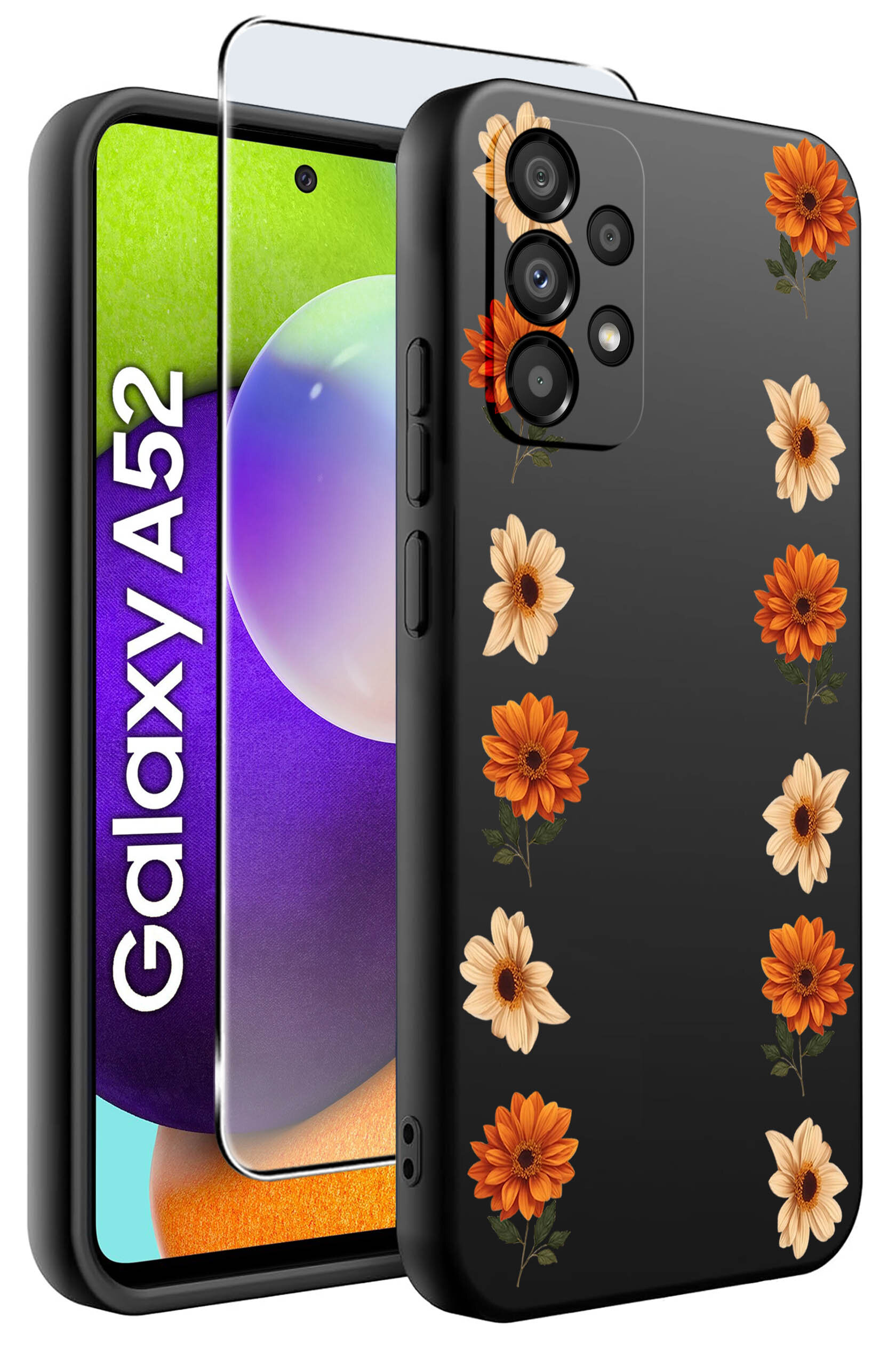 Obraz przedstawia etui na telefon z motywem kwiatowym, w kolorach pomarańczowym i kremowym, oraz szkło ochronne. Na ekranie telefonu widoczny jest napis \'Galaxy A52\'.