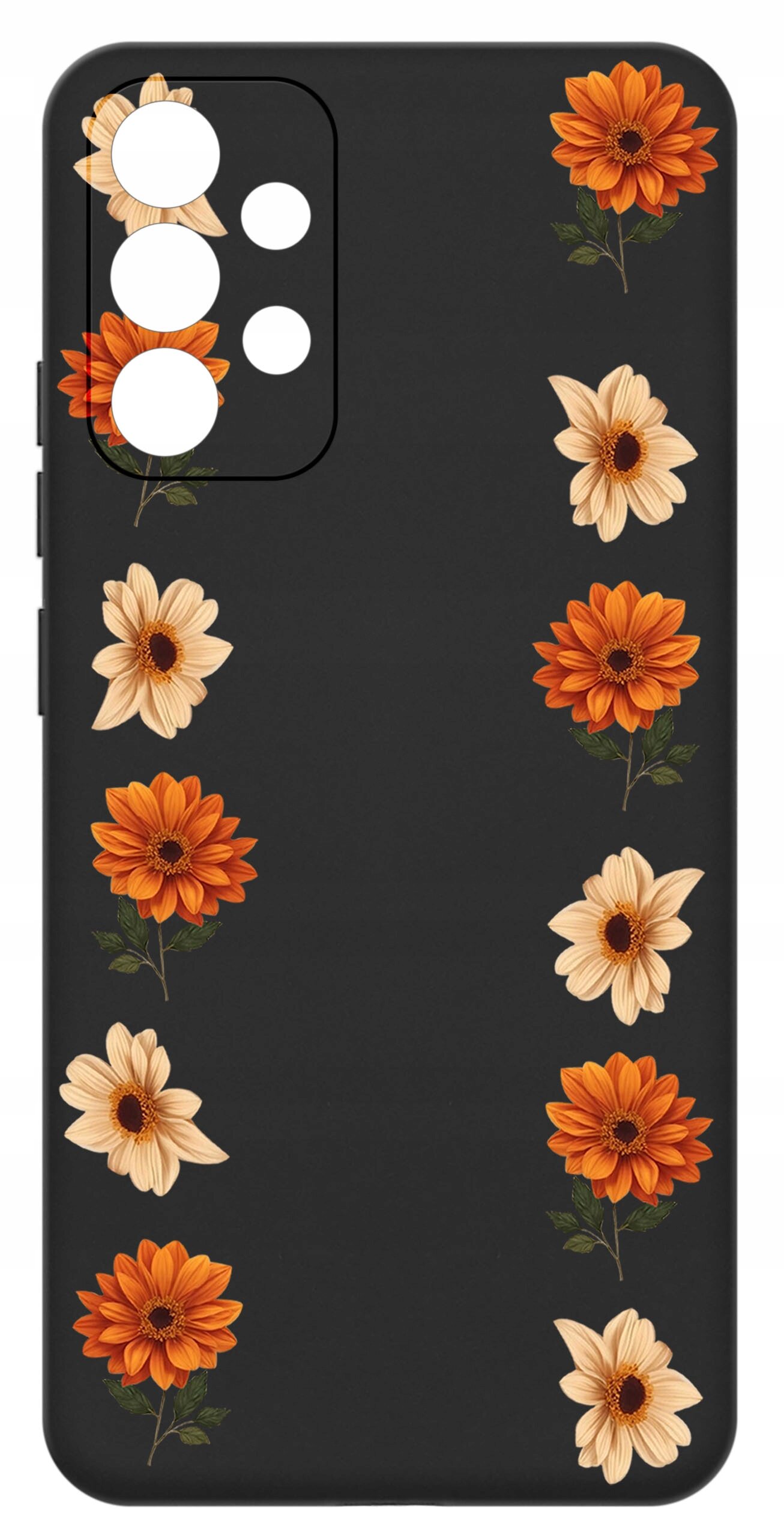 Czarne etui na telefon z wzorem pomarańczowych i kremowych kwiatów ułożonych w dwóch pionowych rzędach. Etui posiada wycięcia na aparat i przyciski.