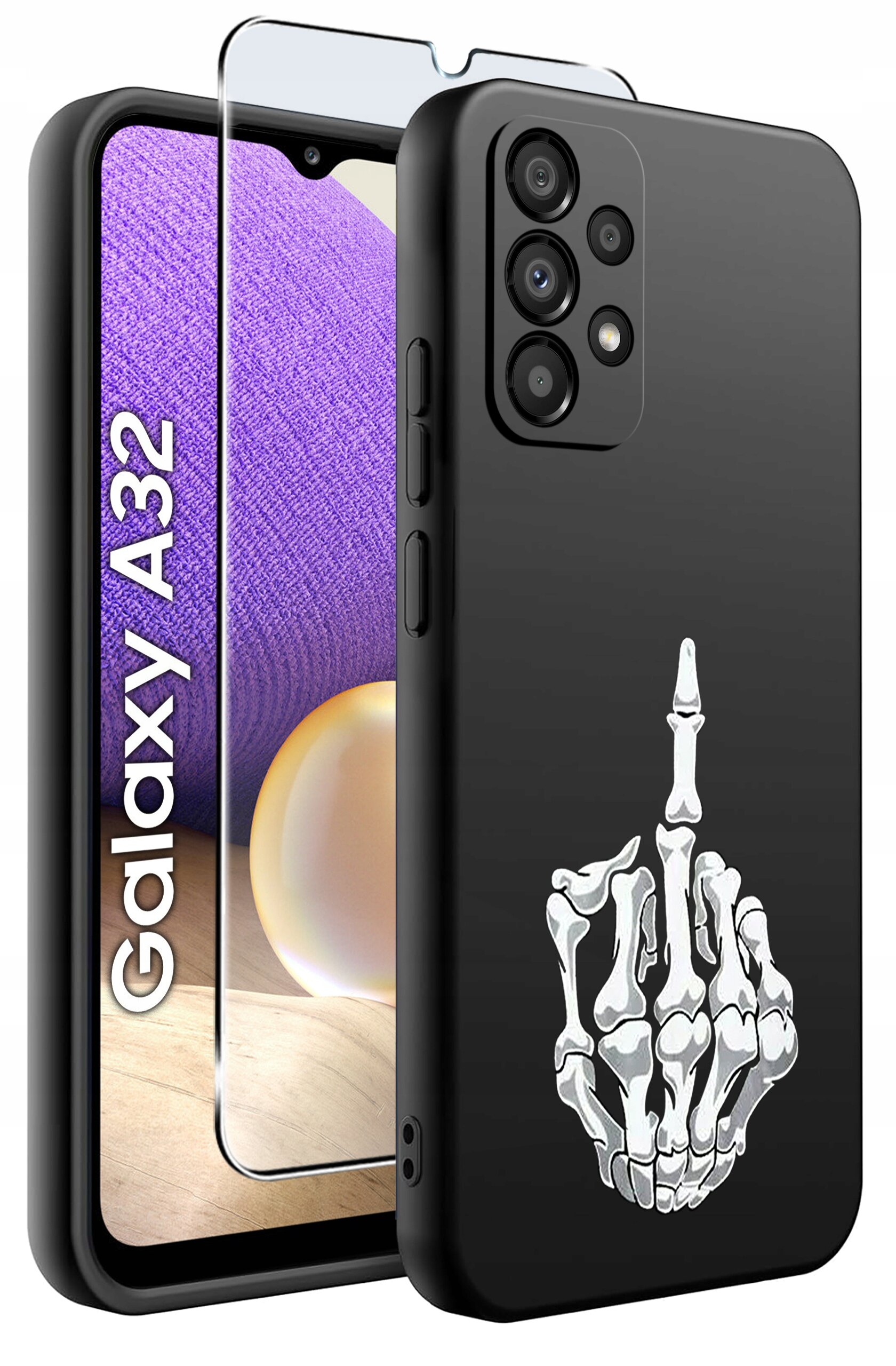Czarne etui na telefon z nadrukiem szkieletu dłoni pokazującej środkowy palec. Obok znajduje się szkło ochronne oraz telefon z widocznym napisem \'Galaxy A32\'.