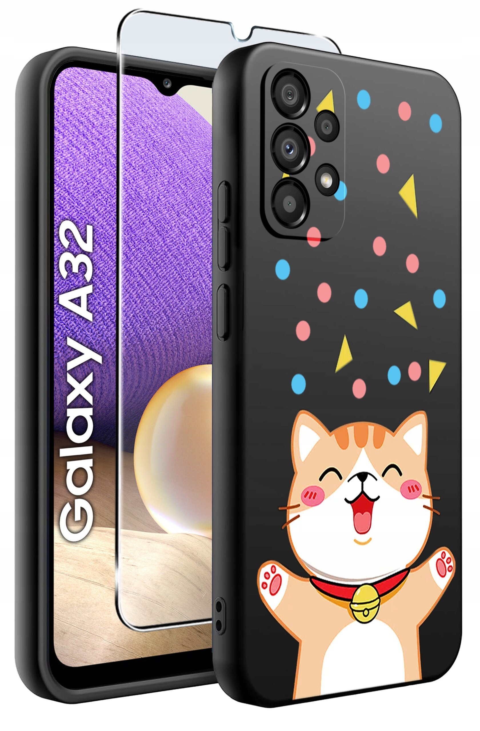 Etui na telefon z grafiką uśmiechniętego kota i kolorowymi kształtami na czarnym tle, obok szkło ochronne. Widoczny napis \'Galaxy A32\'.