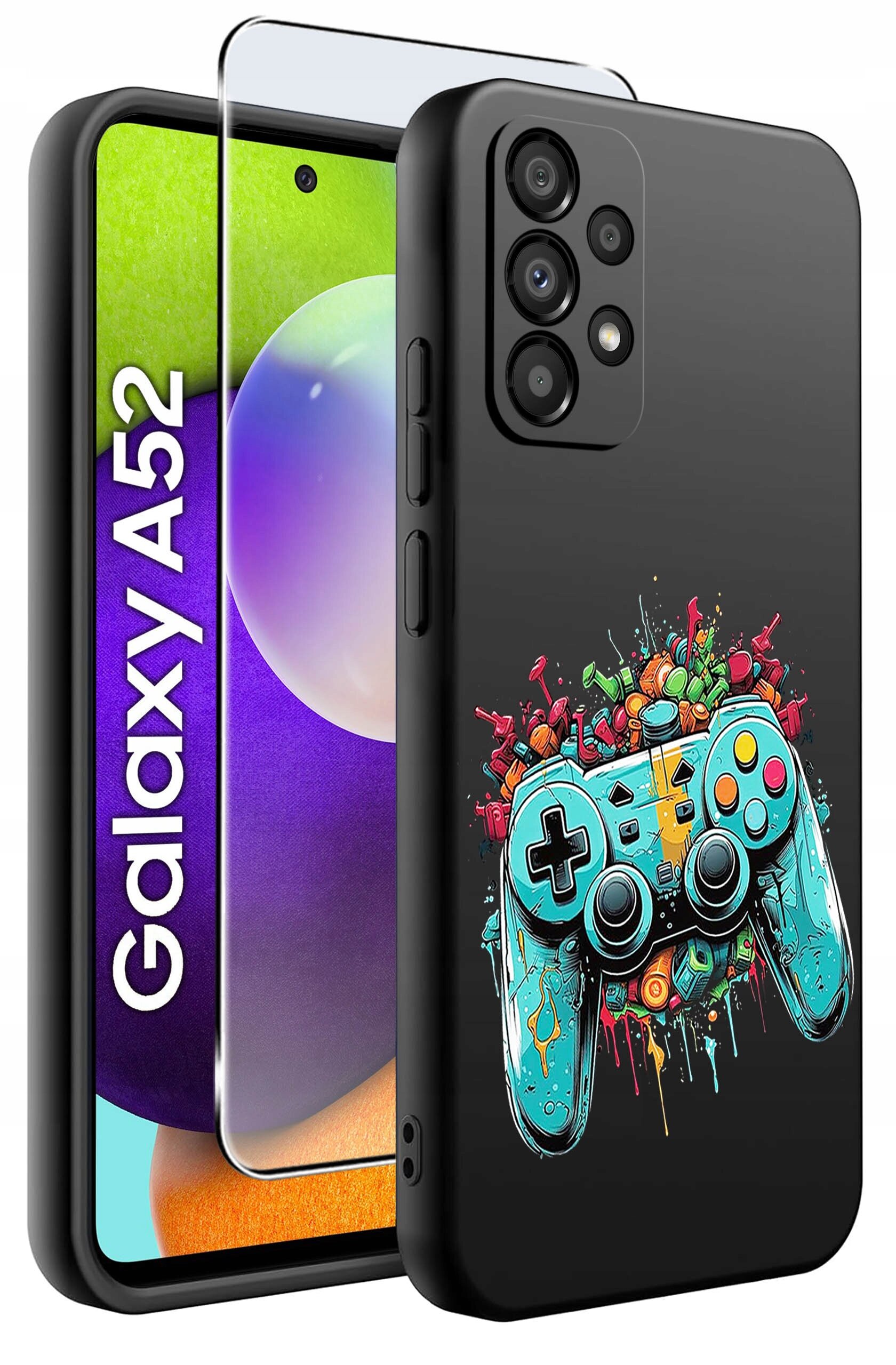 Etui na telefon z kolorowym wzorem kontrolera do gier, obok którego znajduje się szkło ochronne. Na ekranie telefonu widoczny jest napis \'Galaxy A52\'.