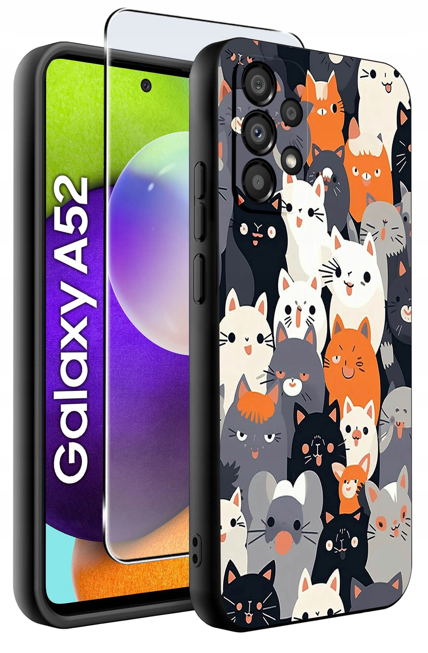 Obraz przedstawia etui na telefon z kolorowym wzorem przedstawiającym różne koty. Obok etui widoczny jest telefon z napisem \'Galaxy A52\'.