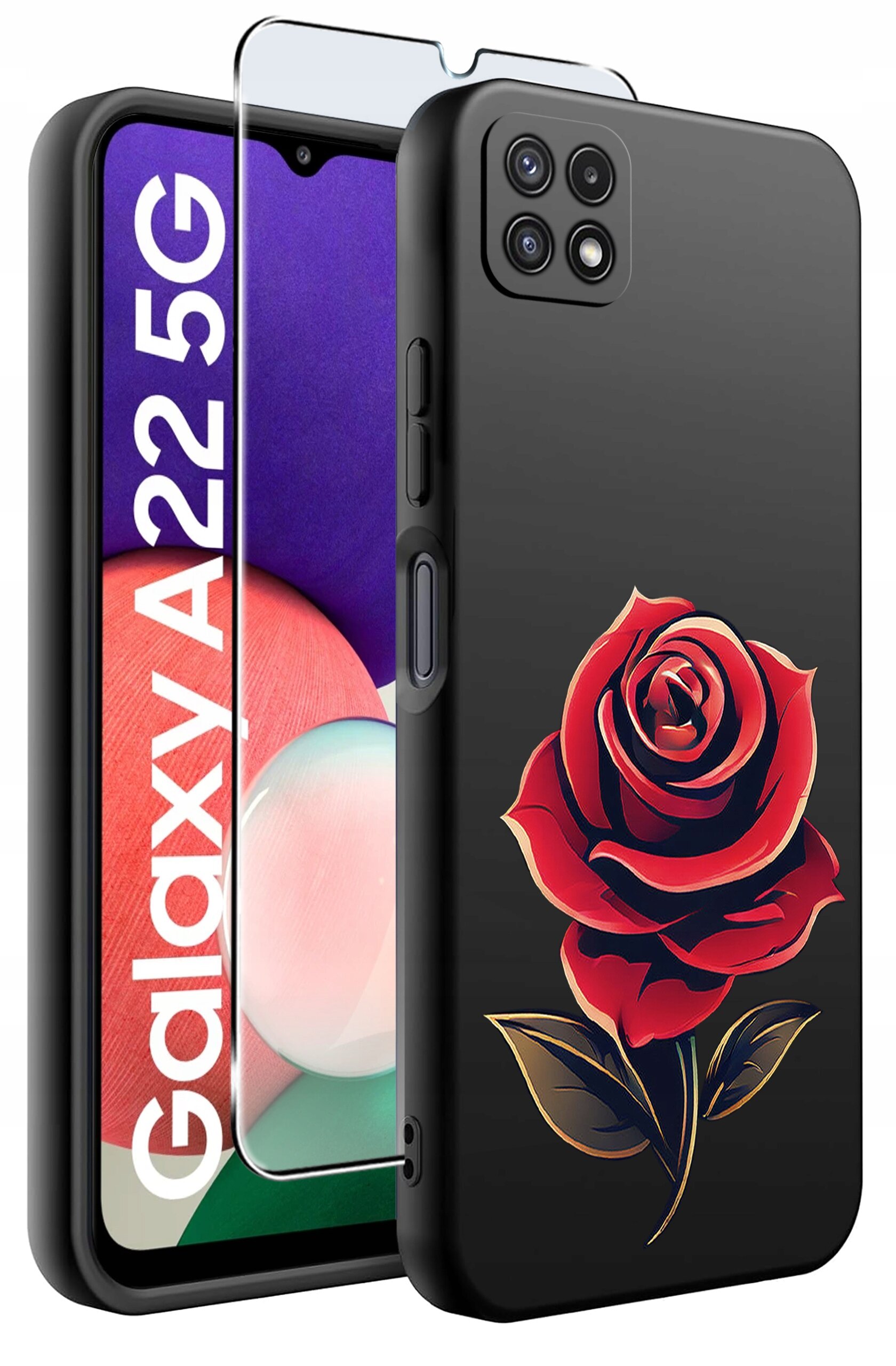 Na obrazie widoczne jest czarne etui z czerwonym wzorem róży oraz szkło ochronne na telefon Galaxy A22 5G. Na ekranie telefonu widnieje napis \'Galaxy A22 5G\'.