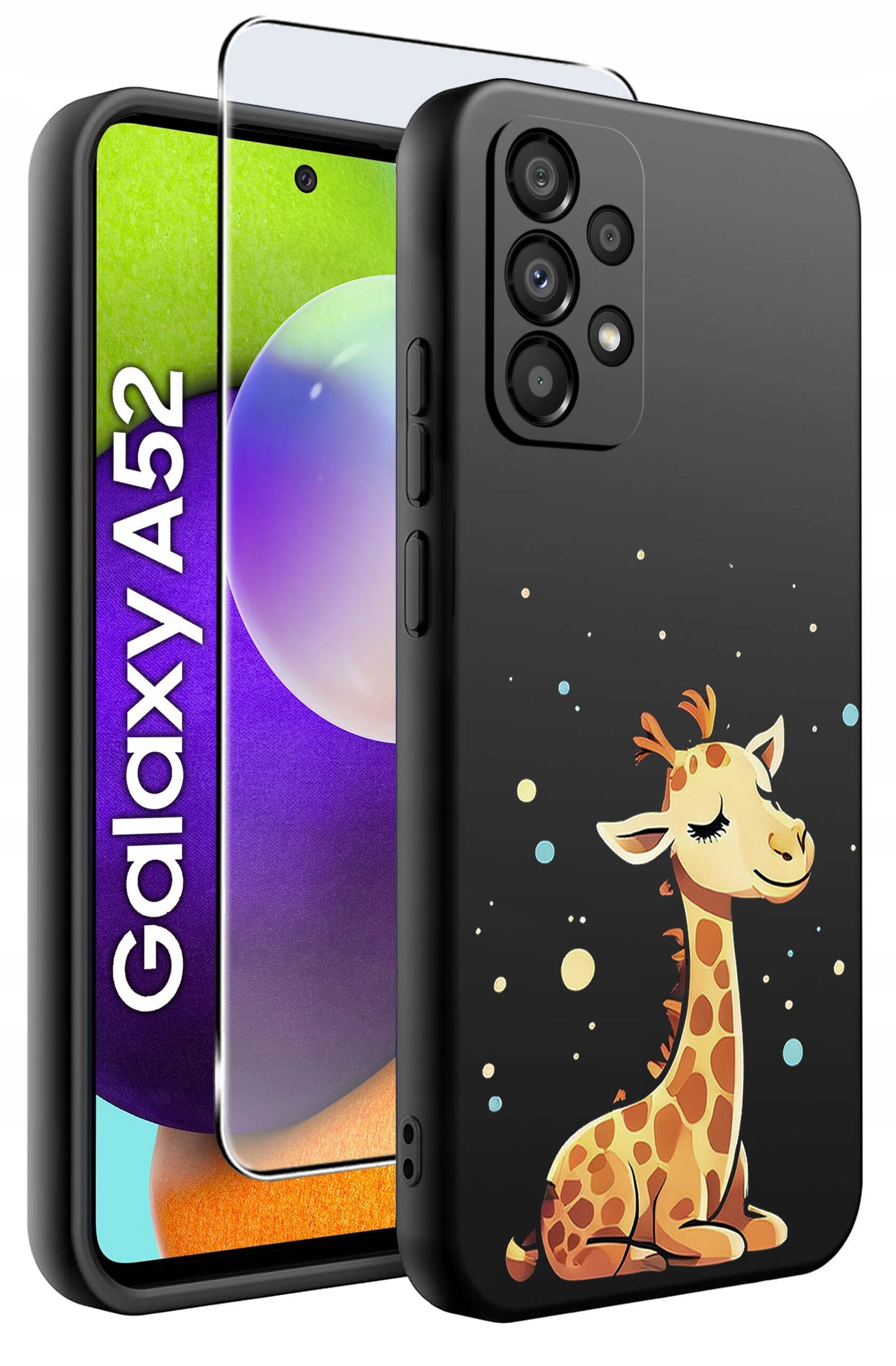 Etui na telefon z grafiką żyrafy na czarnym tle oraz szkło ochronne. Obok widoczny jest telefon z napisem \'Galaxy A52\'.