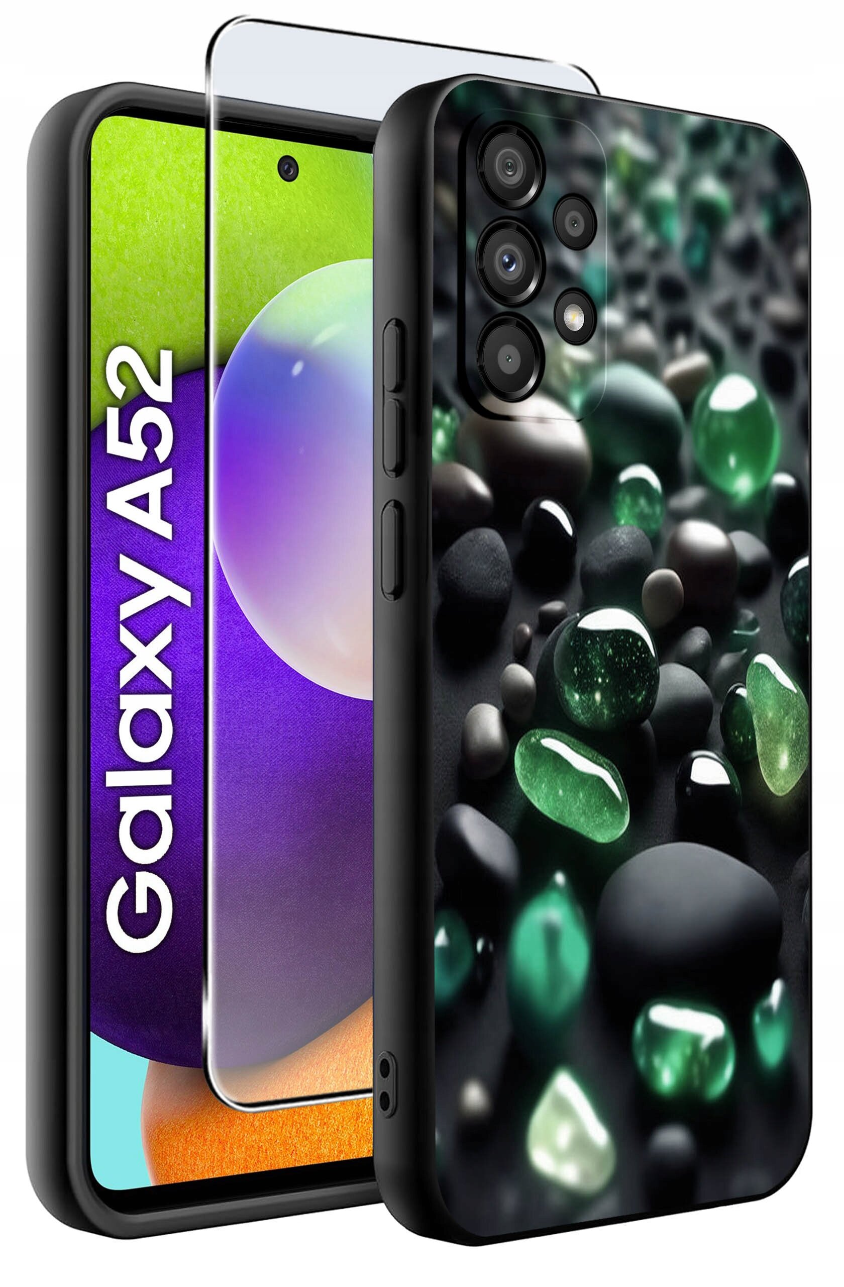 Obraz przedstawia etui na telefon z wzorem zielonych i czarnych kamieni oraz szkło ochronne. Obok widoczny jest telefon z napisem \'Galaxy A52\'.