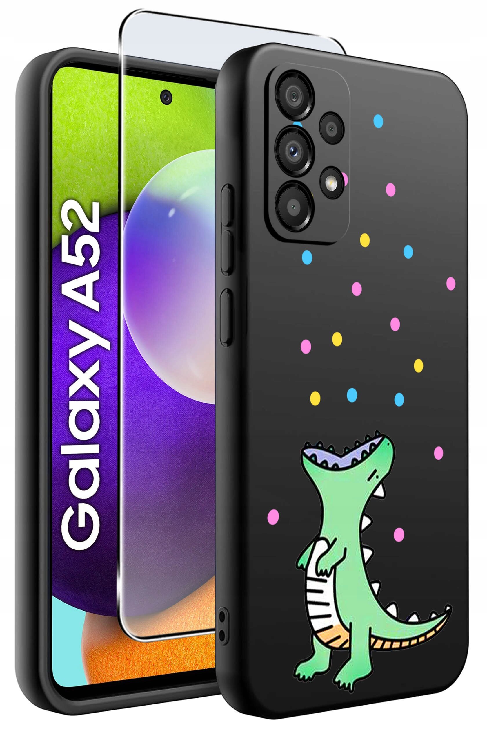 Obraz przedstawia czarne etui na telefon z kolorowym wzorem dinozaura i kolorowymi kropkami. Obok etui widoczny jest telefon z napisem \'Galaxy A52\' oraz szkło ochronne.