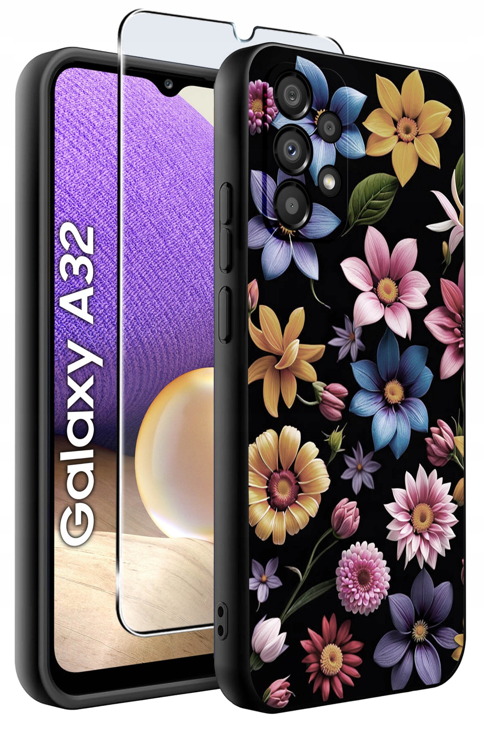 Etui na telefon z kolorowym wzorem kwiatowym na czarnym tle, obok którego znajduje się szkło ochronne. Na ekranie telefonu widoczny jest napis \'Galaxy A32\'.