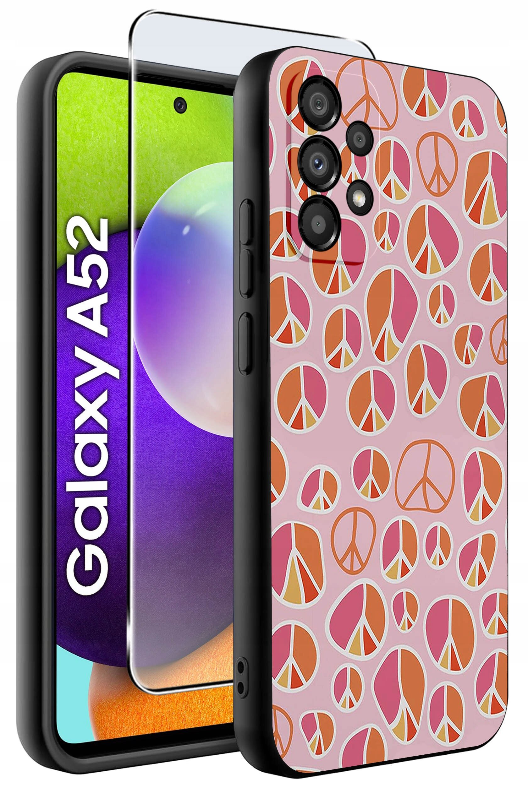 Obraz przedstawia etui na telefon z wzorem symboli pokoju w odcieniach różu i pomarańczu. Obok etui widoczny jest napis \'Galaxy A52\' oraz szkło ochronne na ekran.