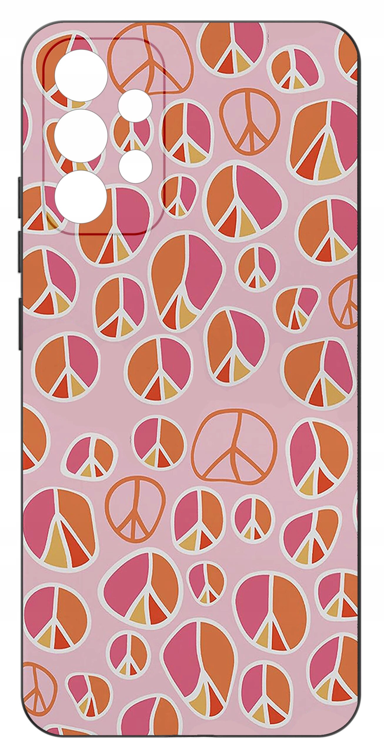 Etui na telefon z wzorem w kolorowe symbole pokoju na różowym tle. Wzory są w odcieniach pomarańczowego, różowego i białego.