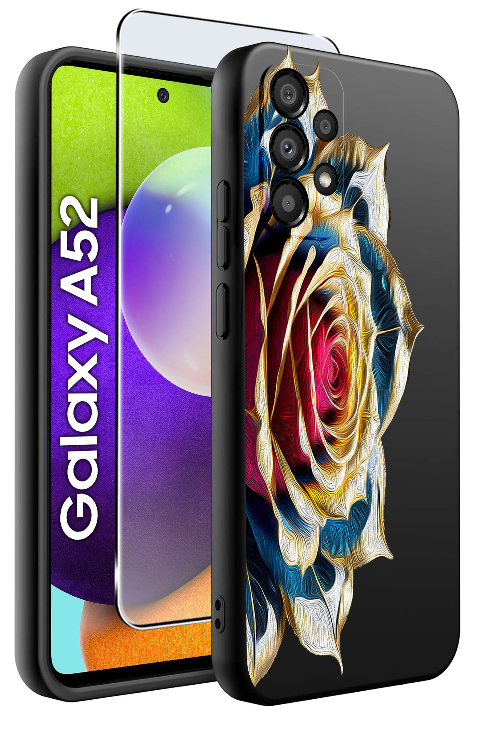 Obraz przedstawia etui na telefon z kolorowym wzorem róży oraz szkło ochronne. Na ekranie telefonu widoczny jest napis \'Galaxy A52\'.