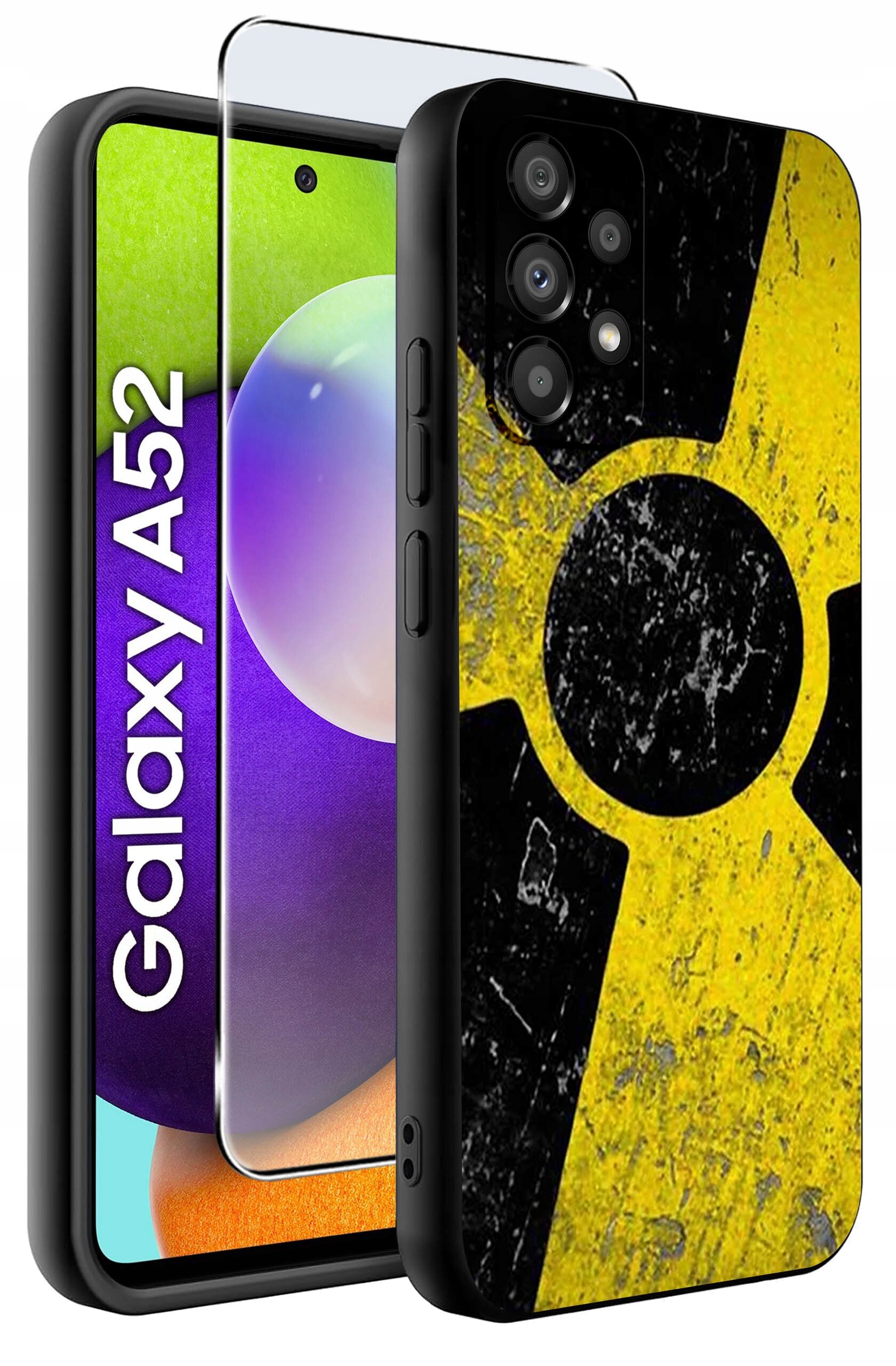 Obraz przedstawia etui na telefon z motywem żółtego symbolu ostrzegawczego na czarnym tle. Obok widoczny jest telefon z napisem \'Galaxy A52\' oraz szkło ochronne.