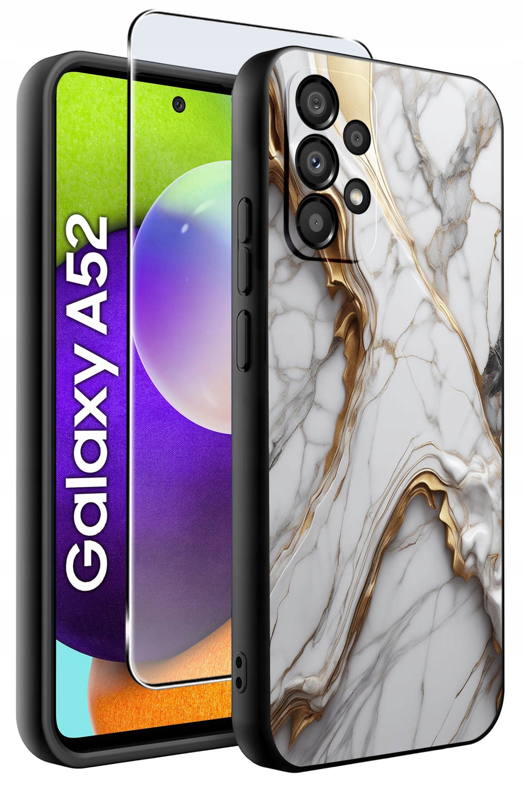 Obraz przedstawia etui na telefon z marmurowym wzorem w odcieniach bieli i złota oraz szkło ochronne. Na ekranie telefonu widoczny jest napis \'Galaxy A52\'.