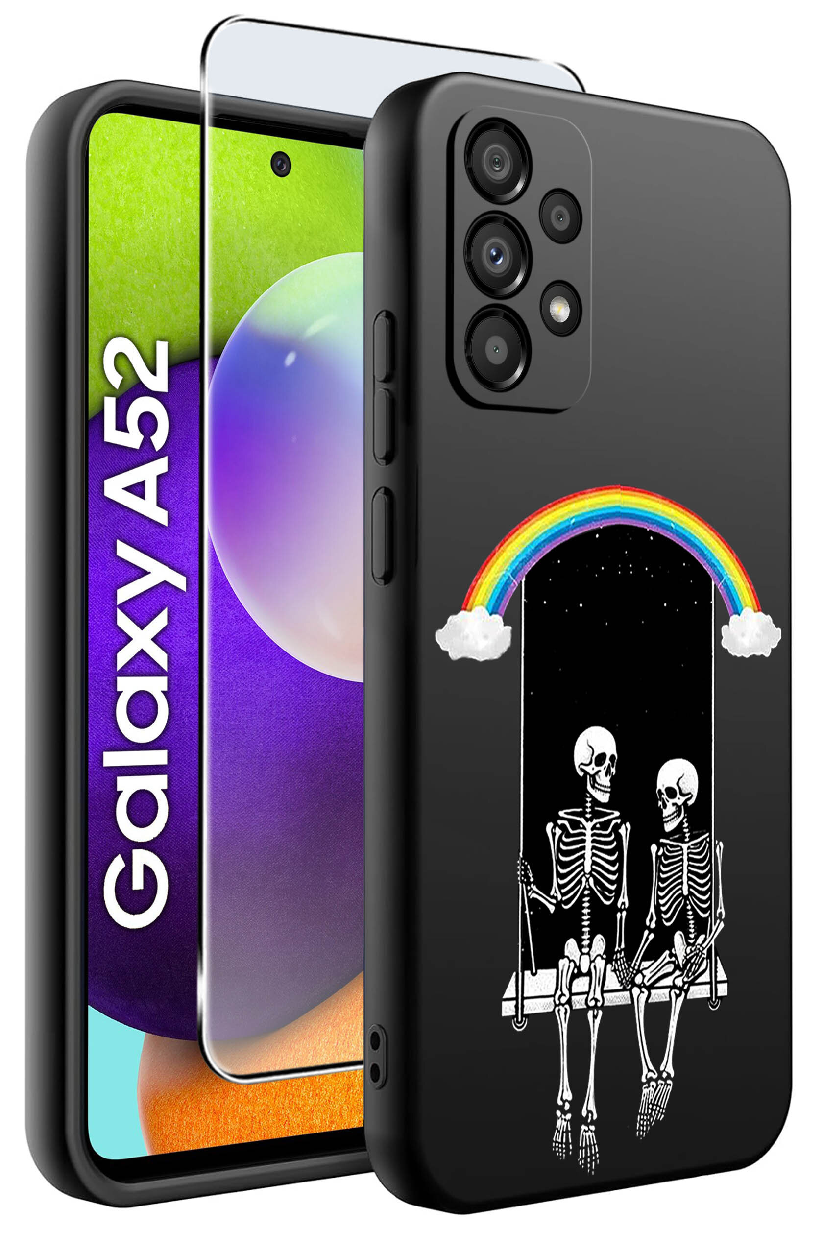 Etui na telefon z grafiką dwóch szkieletów siedzących na huśtawce pod tęczą. Obok widoczny jest telefon z napisem \'Galaxy A52\'.