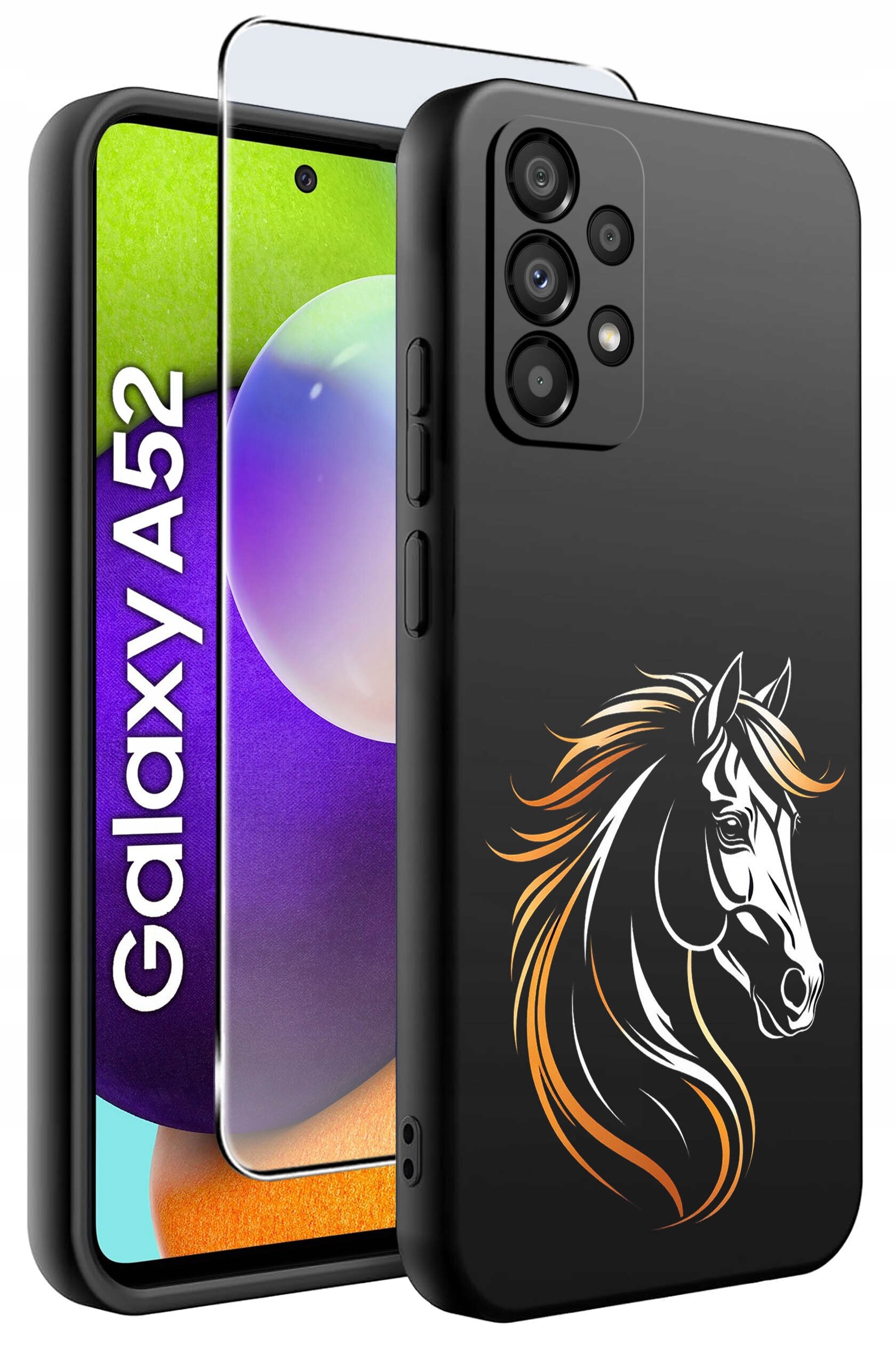 Czarne etui na telefon z grafiką konia, obok którego znajduje się telefon z wyświetlaczem pokazującym napis \'Galaxy A52\'.