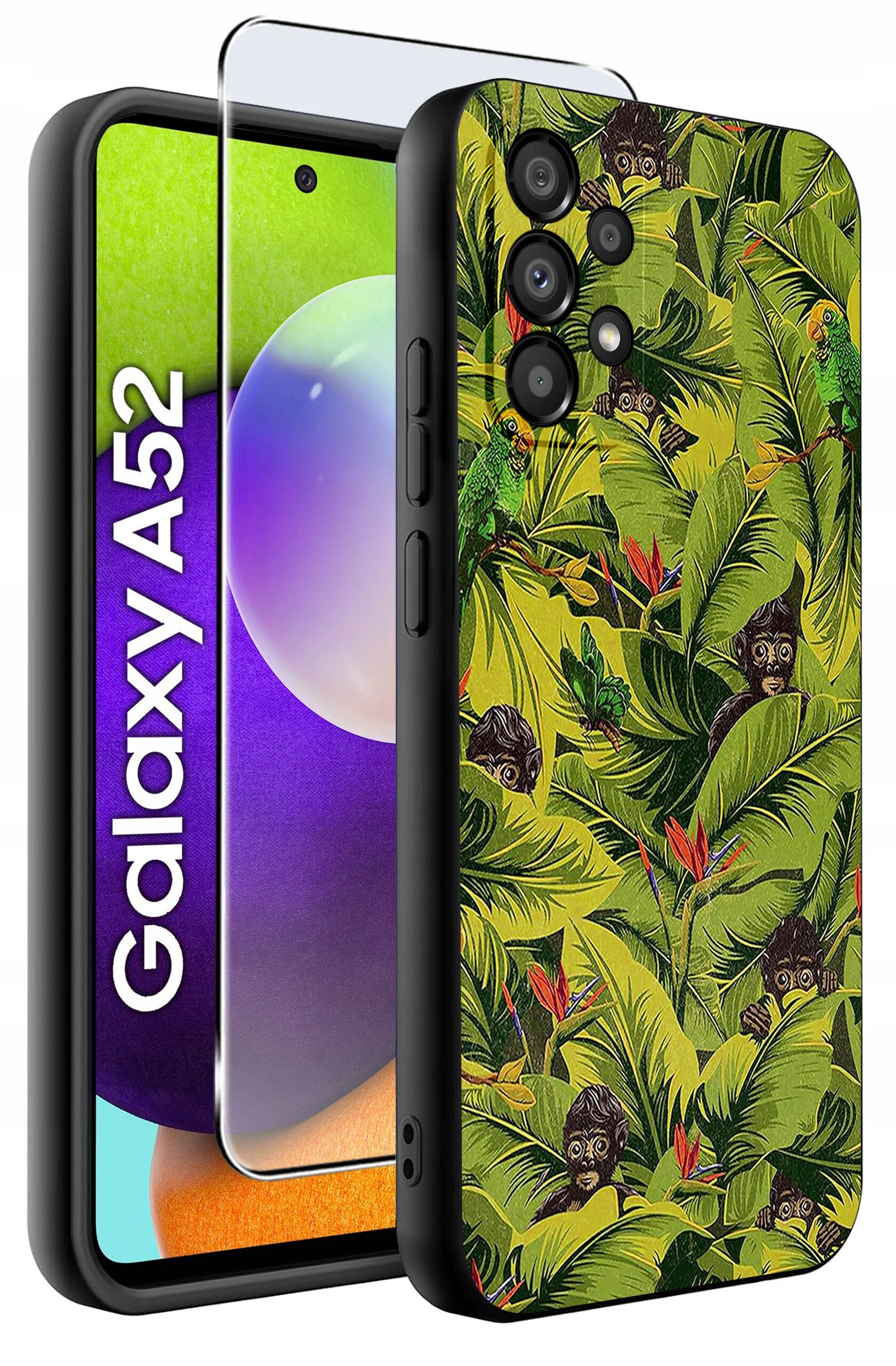 Etui na telefon z motywem tropikalnych liści i małp, obok widoczny telefon z napisem \'Galaxy A52\'.