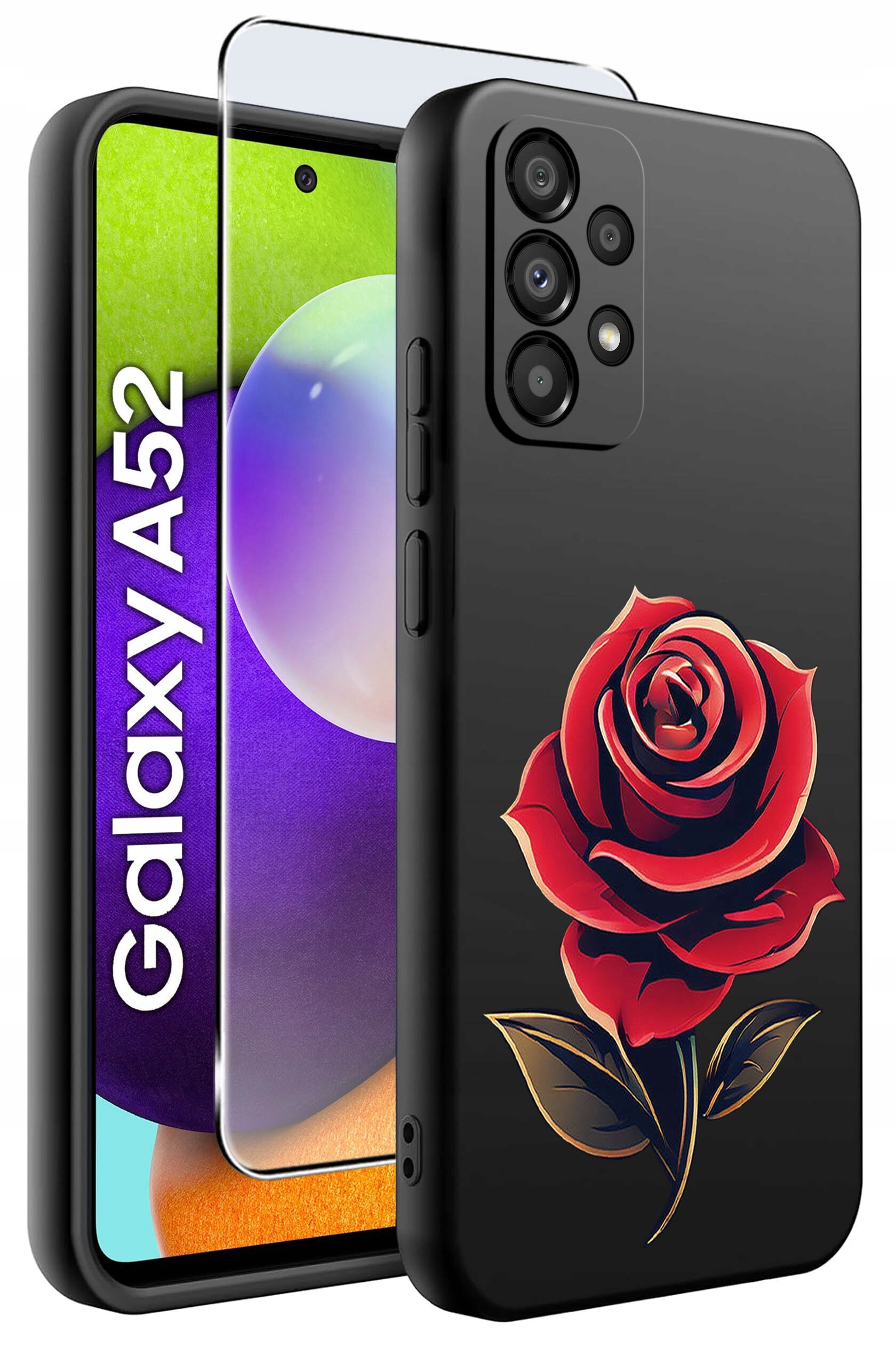 Czarne etui na telefon z czerwonym wzorem róży, obok którego znajduje się szkło ochronne. Na ekranie telefonu widoczny jest napis \'Galaxy A52\'.