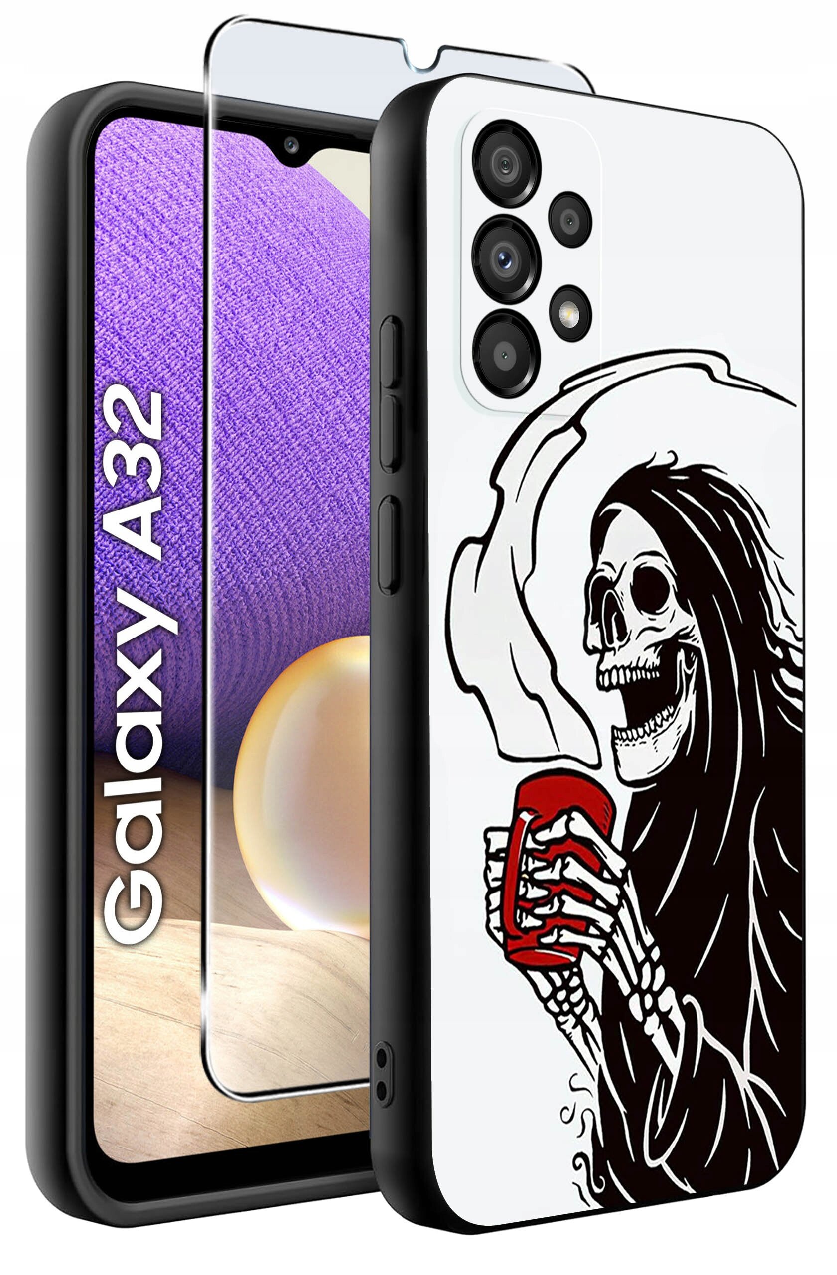 Obraz przedstawia etui na telefon z nadrukiem szkieletu trzymającego czerwony kubek, obok znajduje się szkło ochronne. Na ekranie telefonu widoczny jest napis \'Galaxy A32\'.