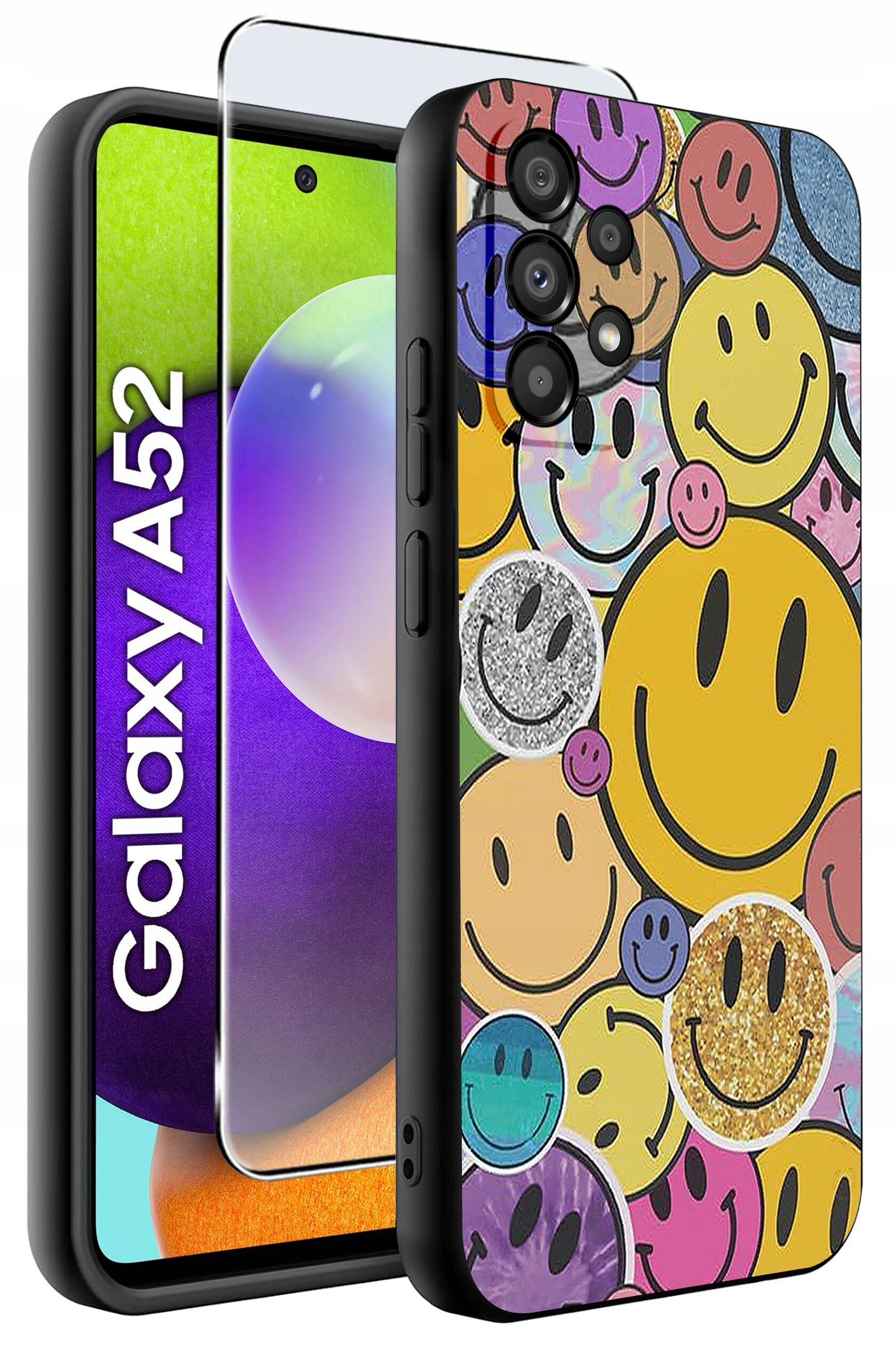 Etui na telefon z kolorowymi wzorami uśmiechniętych buziek, obok widoczny jest telefon z napisem \'Galaxy A52\'.