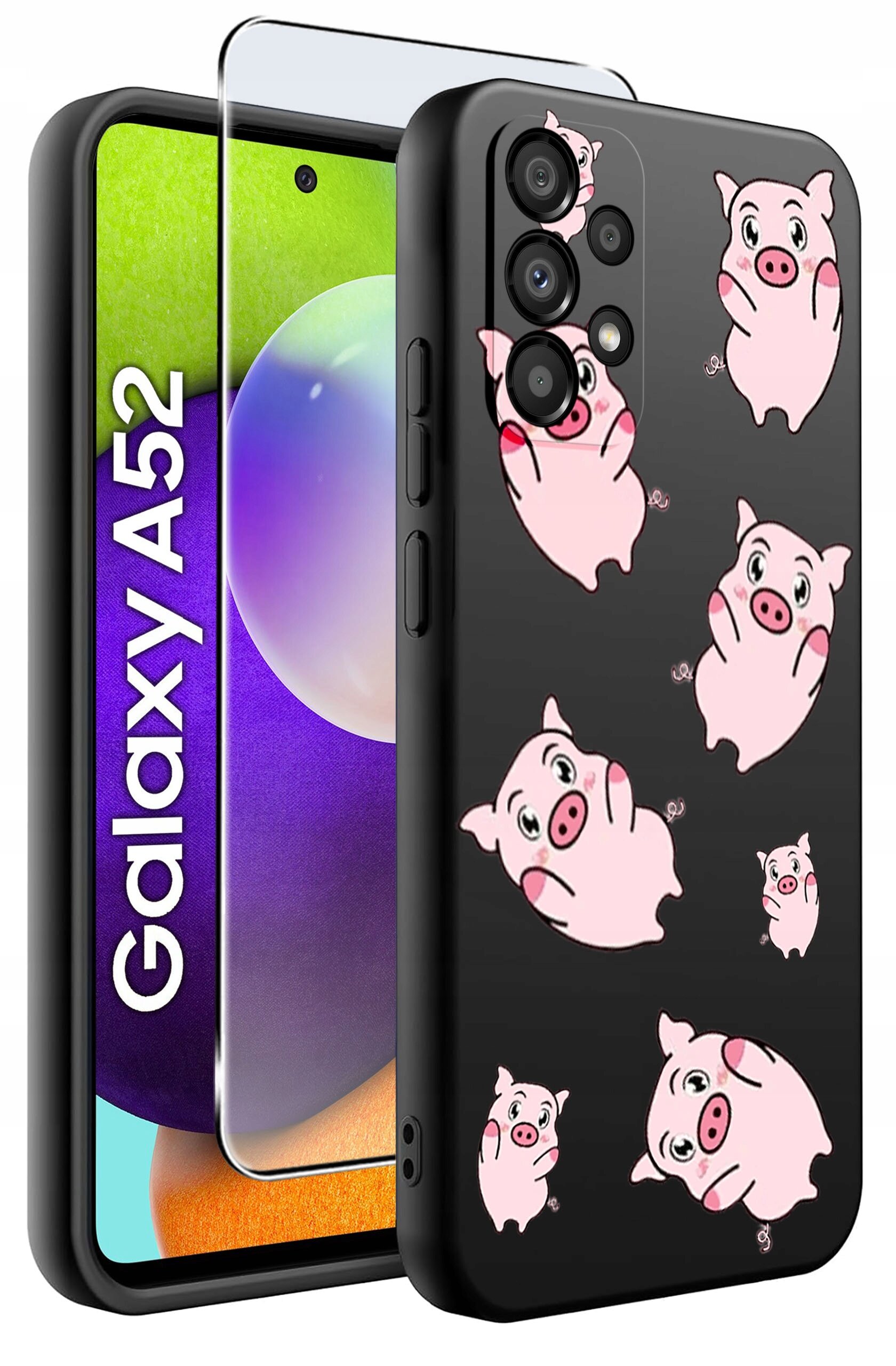 Etui na telefon z motywem różowych świnek na czarnym tle, obok widoczny telefon z napisem \'Galaxy A52\'.