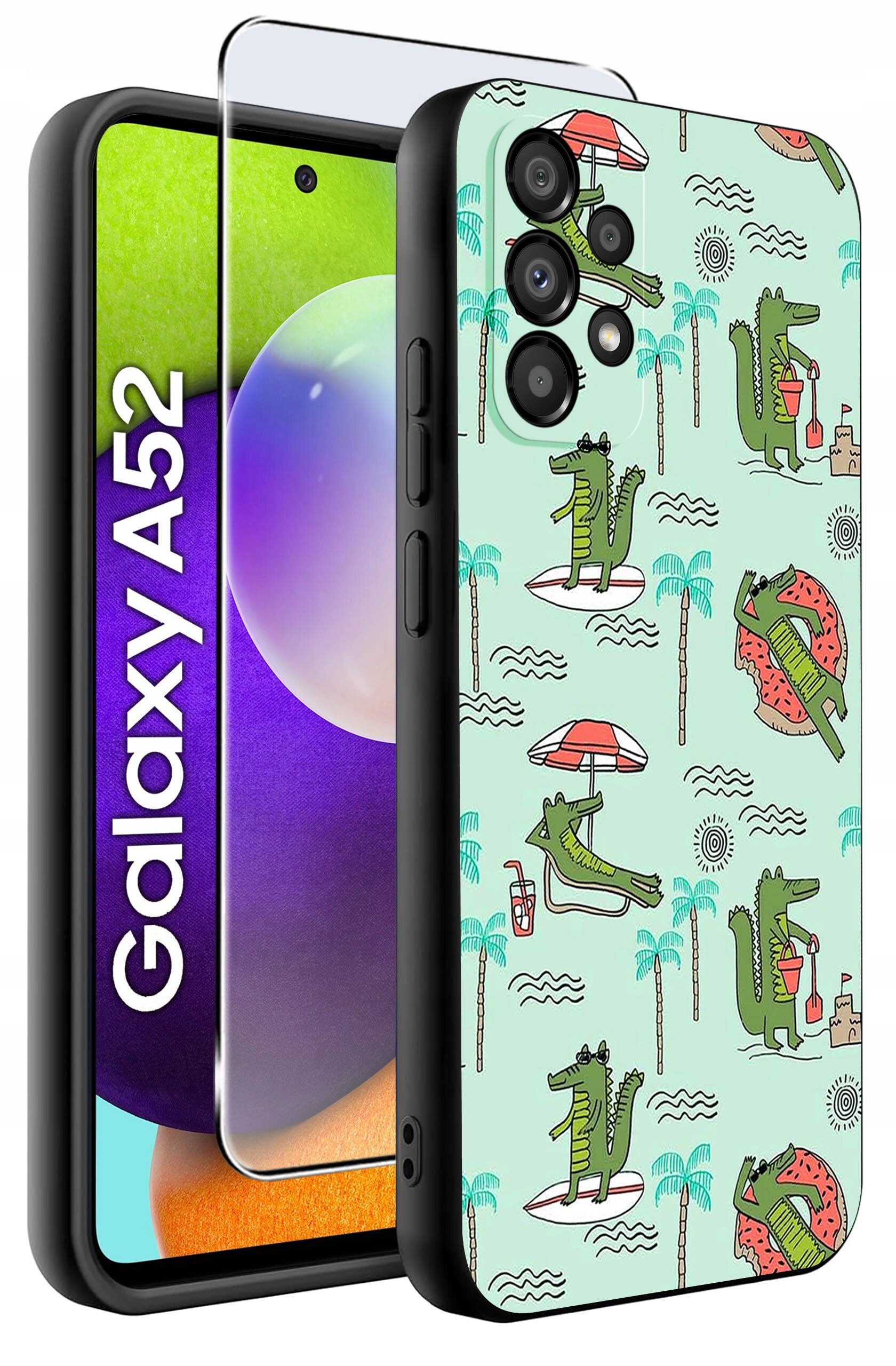 Etui na telefon z motywem krokodyli na plaży, w otoczeniu palm i parasoli. Obok widoczny jest telefon z napisem \'Galaxy A52\'.