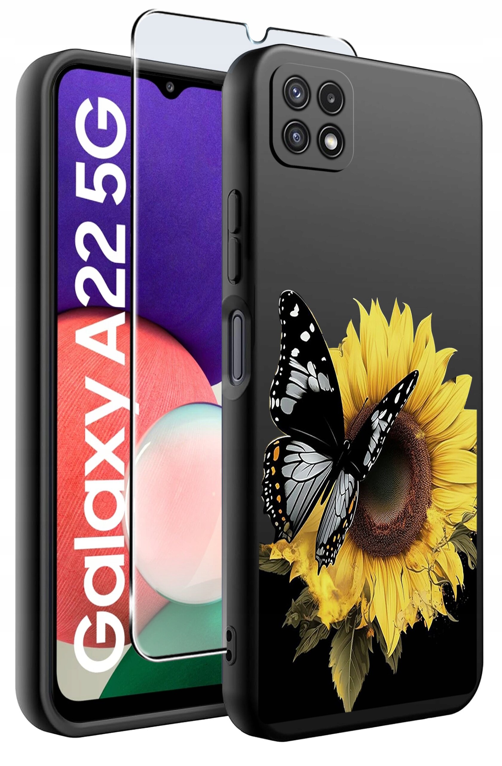 Obraz przedstawia etui na telefon z motywem słonecznika i motyla oraz szkło ochronne. Na ekranie telefonu widoczny jest napis \'Galaxy A22 5G\'.