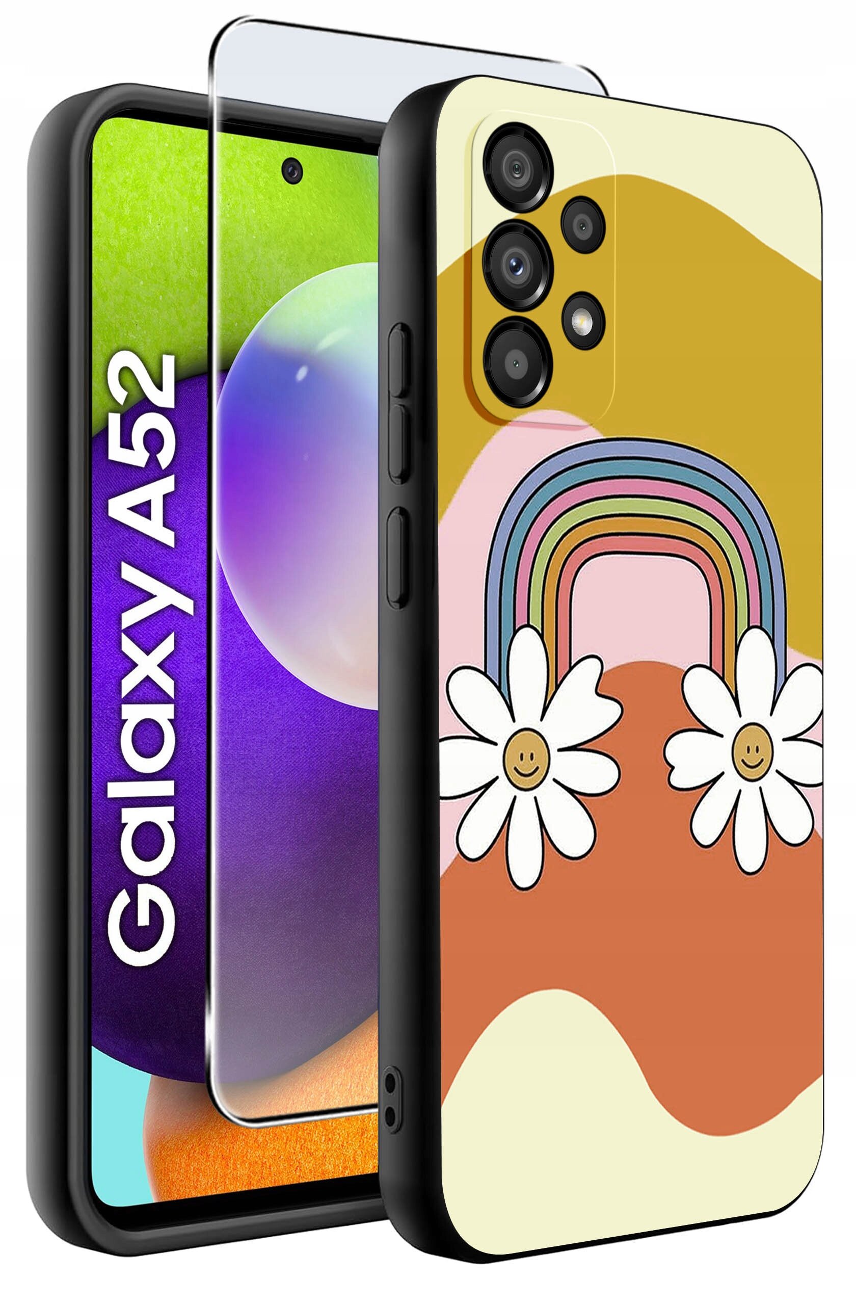 Etui do telefonu z kolorowym wzorem tęczy i kwiatów oraz szkło ochronne. Obok widoczny napis \'Galaxy A52\'.