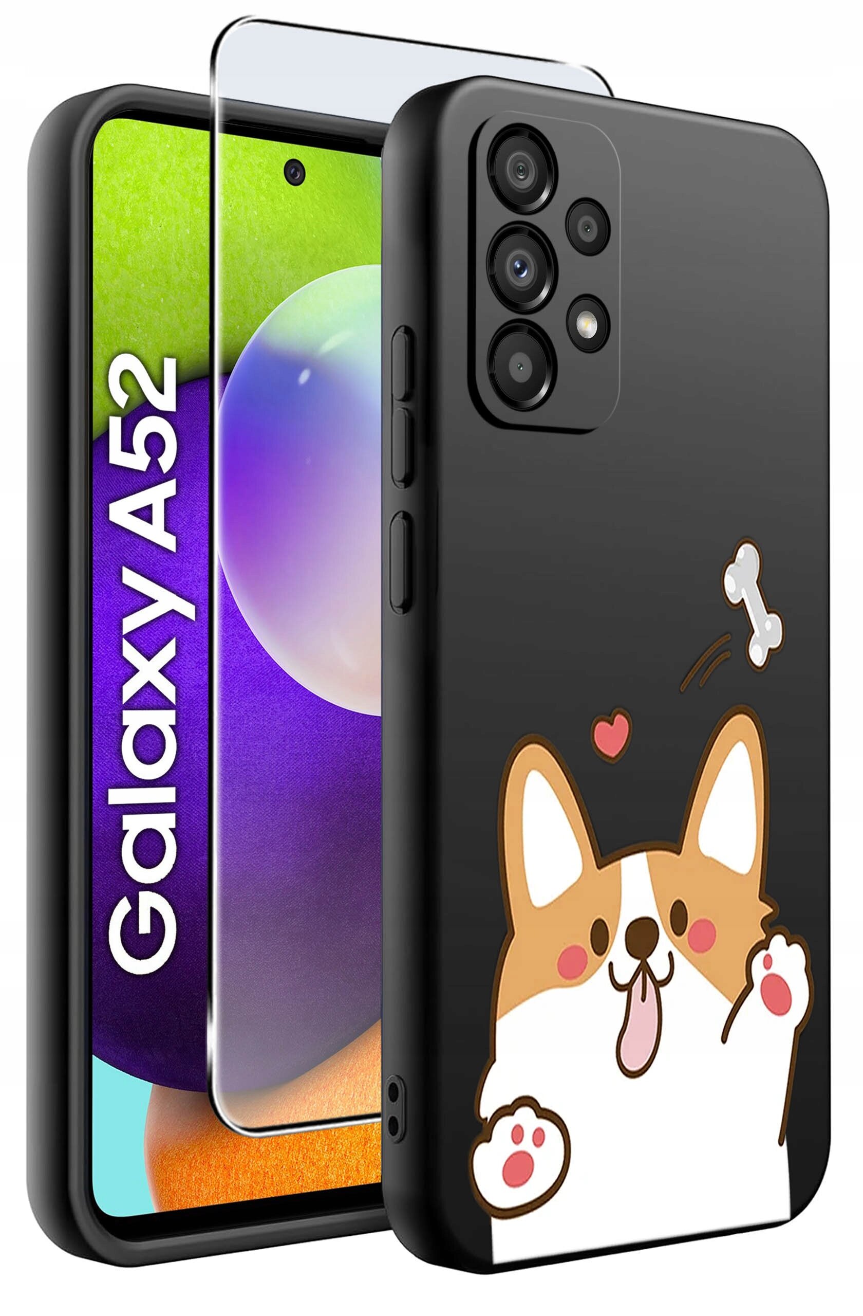 Obraz przedstawia czarne silikonowe etui na telefon z grafiką psa i kością oraz szkło ochronne. Na ekranie telefonu widoczny jest napis \'Galaxy A52\'.