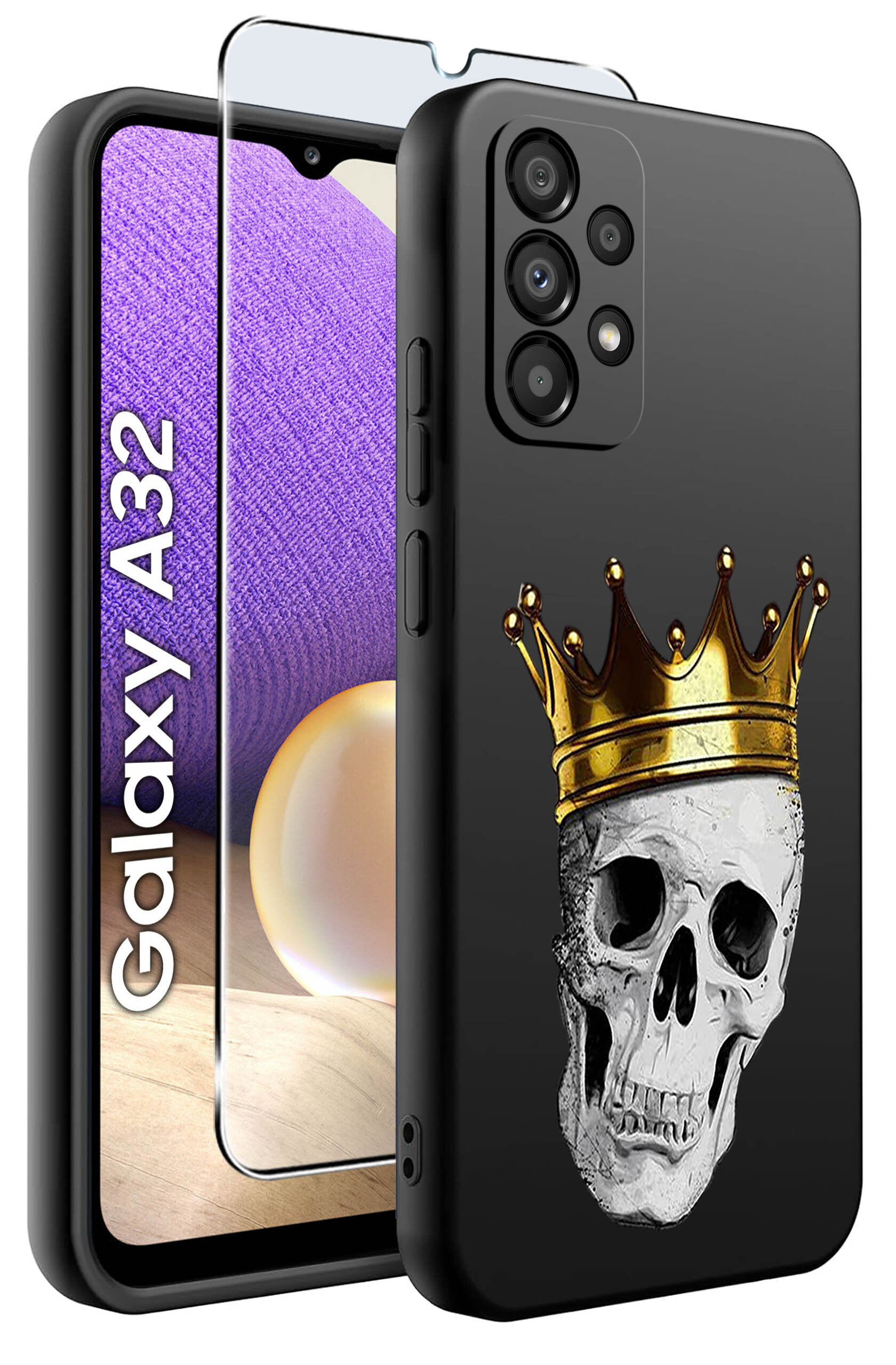 Czarne etui na telefon z nadrukiem czaszki w złotej koronie. Obok widoczna jest szybka ochronna oraz napis \'Galaxy A32\'.