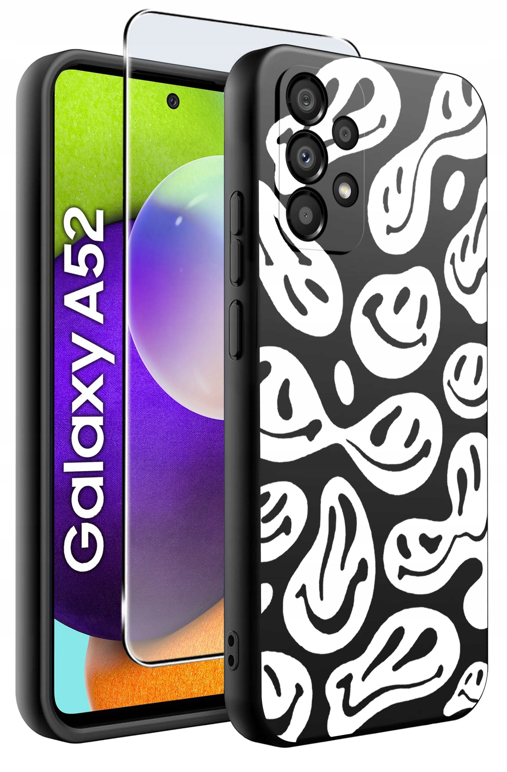 Obraz przedstawia czarne etui z białymi wzorami na telefon Samsung Galaxy A52, obok którego znajduje się szkło ochronne. Na ekranie telefonu widoczny jest napis \'Galaxy A52\'.