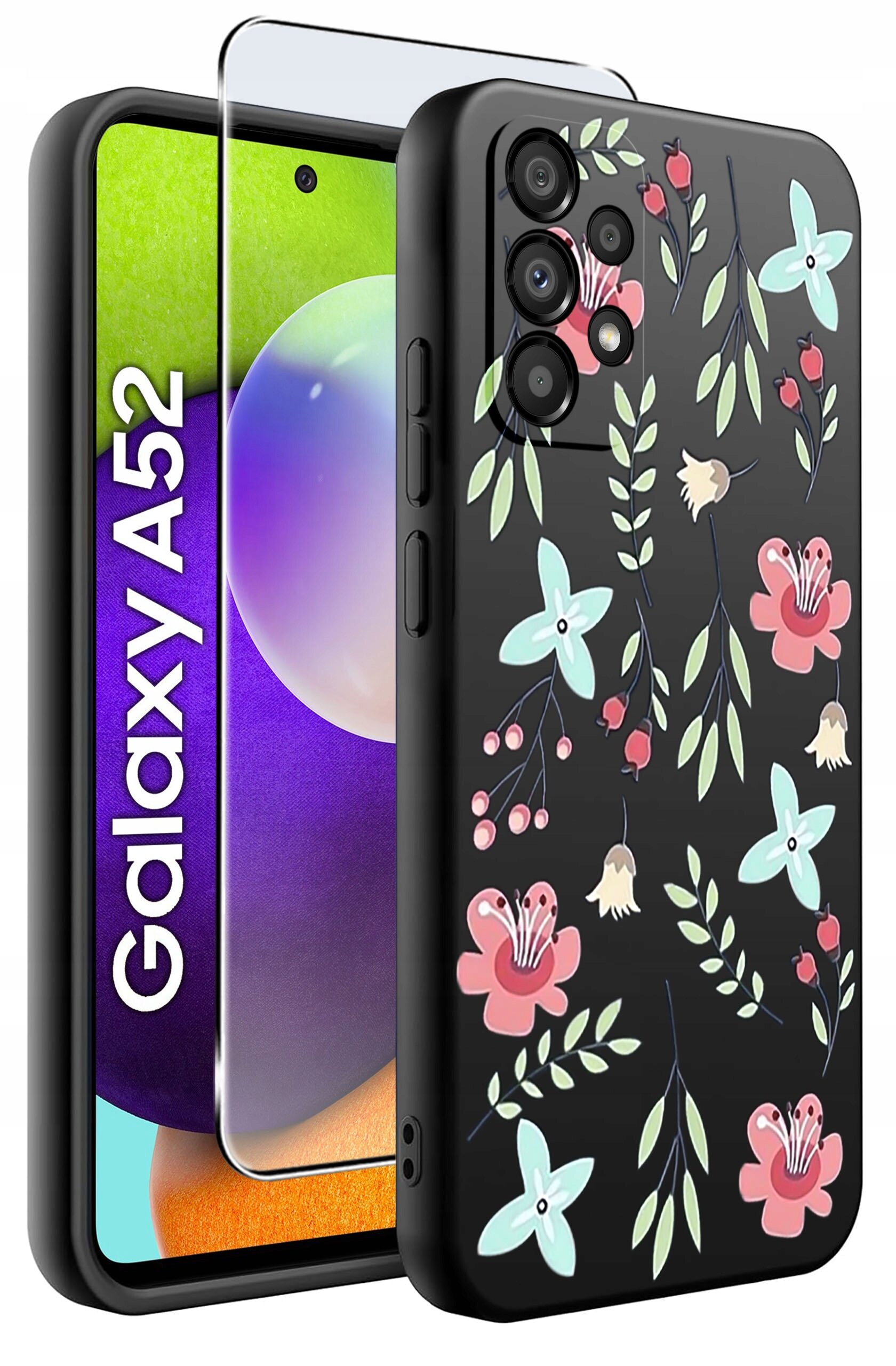 Etui na telefon z kwiatowym wzorem w pastelowych kolorach, obok którego znajduje się szkło ochronne. Na ekranie telefonu widoczny jest napis \'Galaxy A52\'.