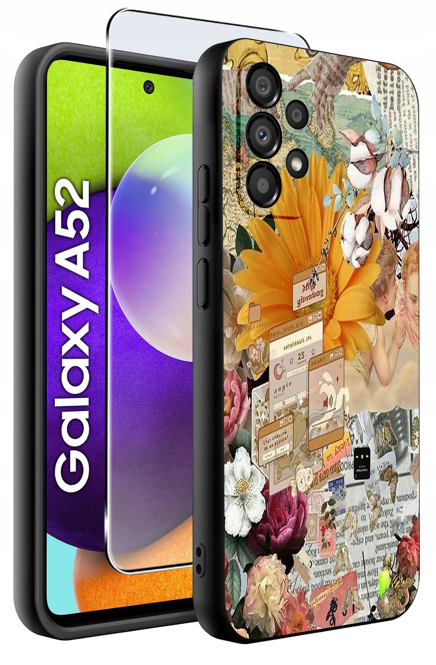 Etui na telefon z kolorowym, kwiatowym wzorem oraz różnymi elementami graficznymi, obok którego znajduje się szkło ochronne. Na ekranie telefonu widoczny jest napis \'Galaxy A52\'.