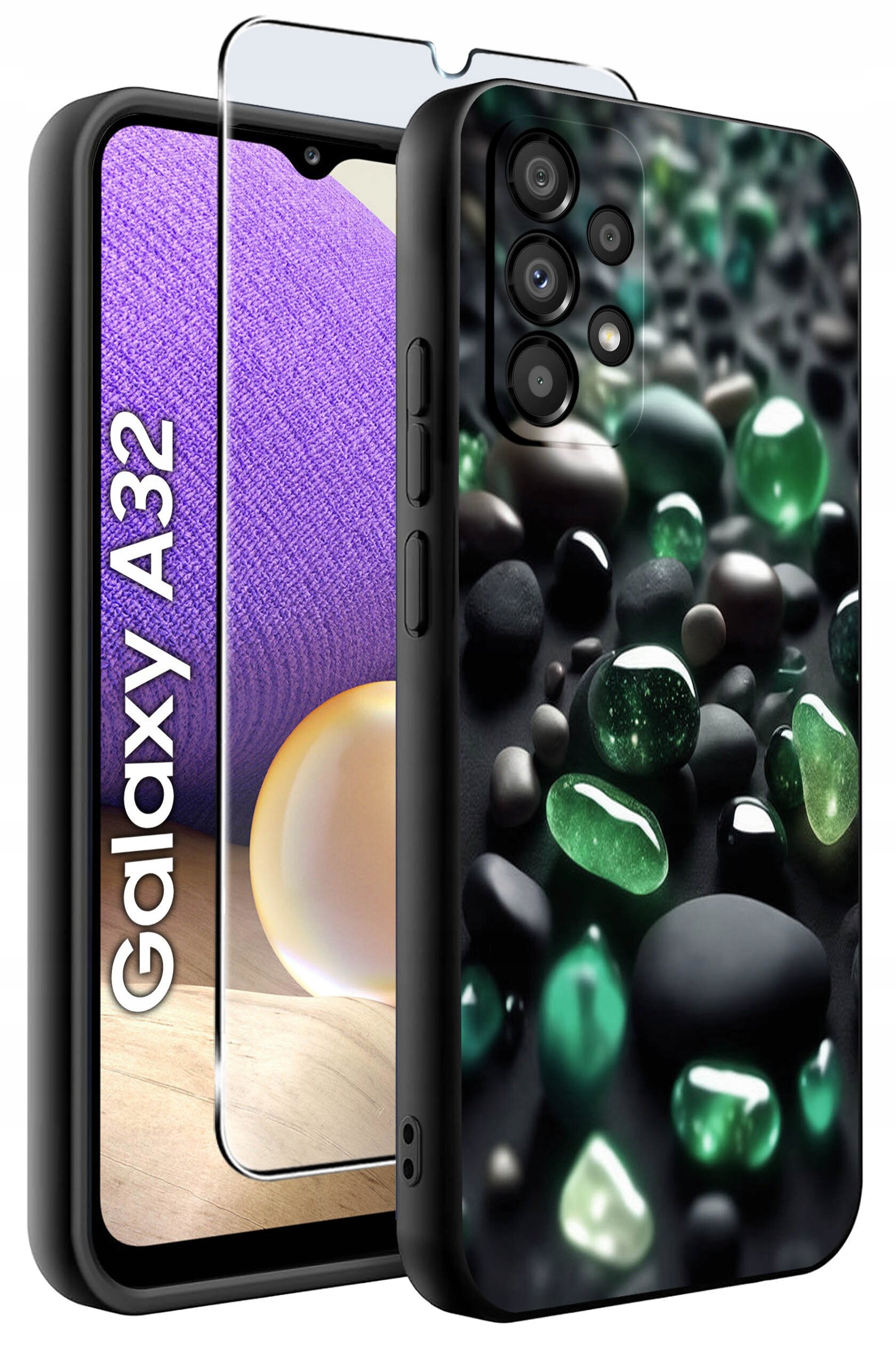Obraz przedstawia etui na telefon Samsung Galaxy A32 z wzorem przedstawiającym zielone i czarne kamienie. Obok etui znajduje się szkło ochronne na ekran, a na ekranie telefonu widoczny jest napis \'Galaxy A32\'.