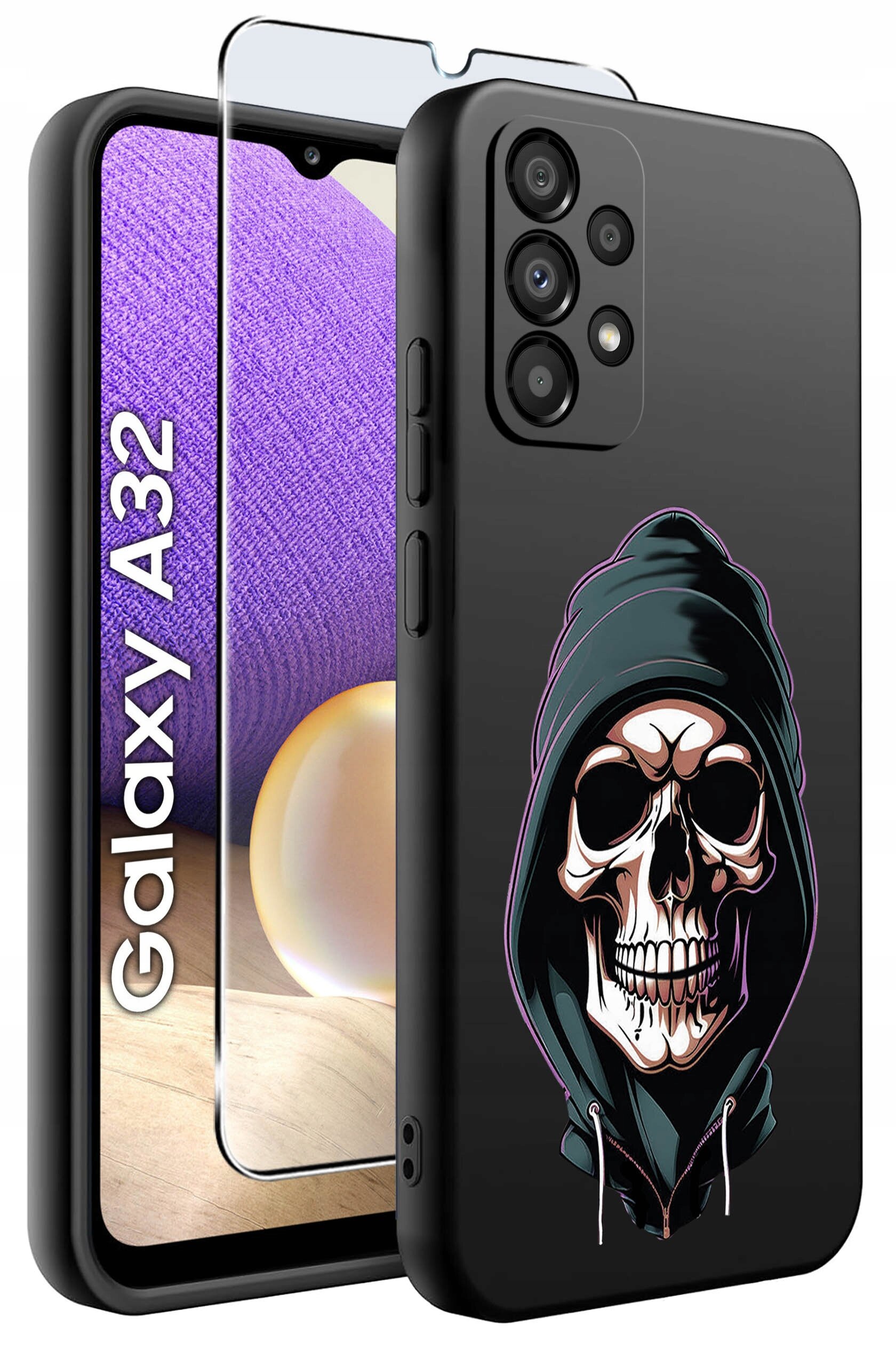 Obraz przedstawia czarne etui na telefon z nadrukiem czaszki w kapturze oraz szkło ochronne. Na ekranie telefonu widoczny jest napis \'Galaxy A32\'.