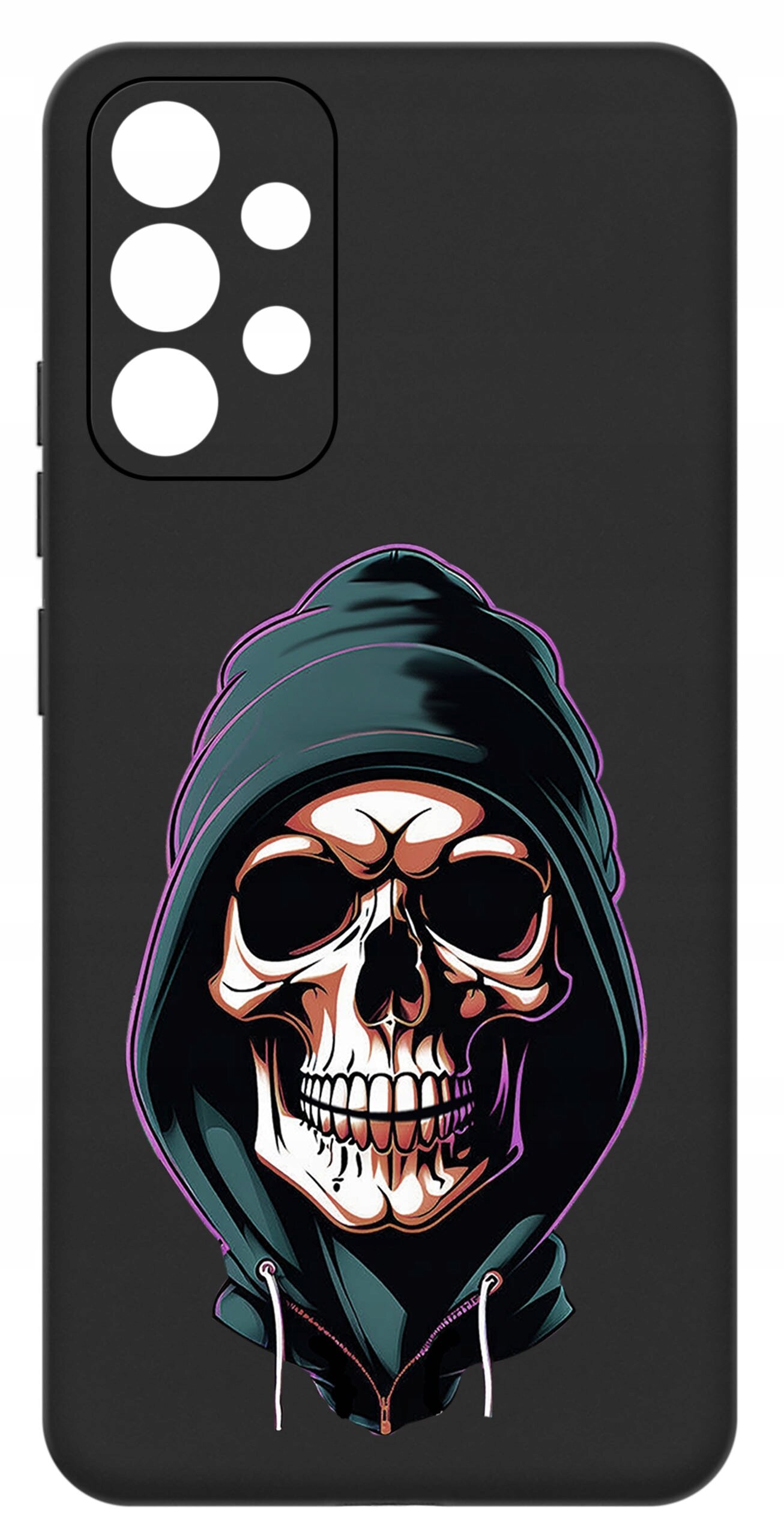 Czarne etui na telefon z nadrukiem czaszki w kapturze. Etui posiada wycięcia na aparat i przyciski.