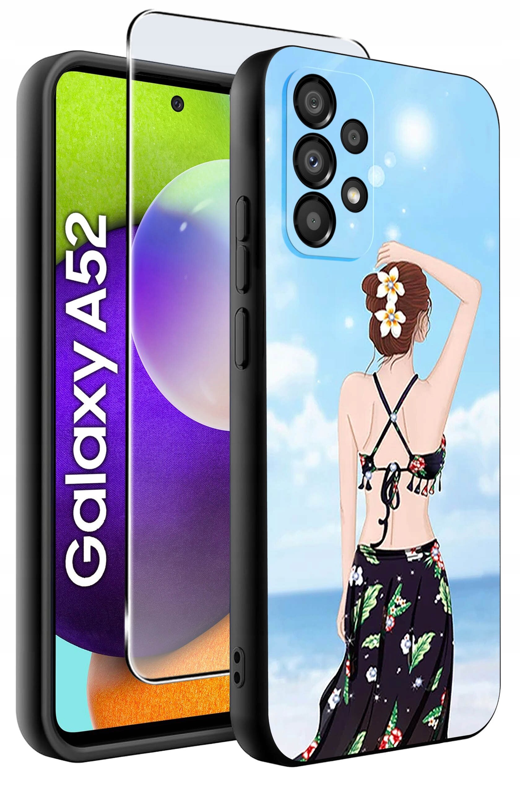 Obraz przedstawia etui na telefon z grafiką kobiety na plaży oraz szkło ochronne. Obok widoczny jest telefon z napisem \'Galaxy A52\'.