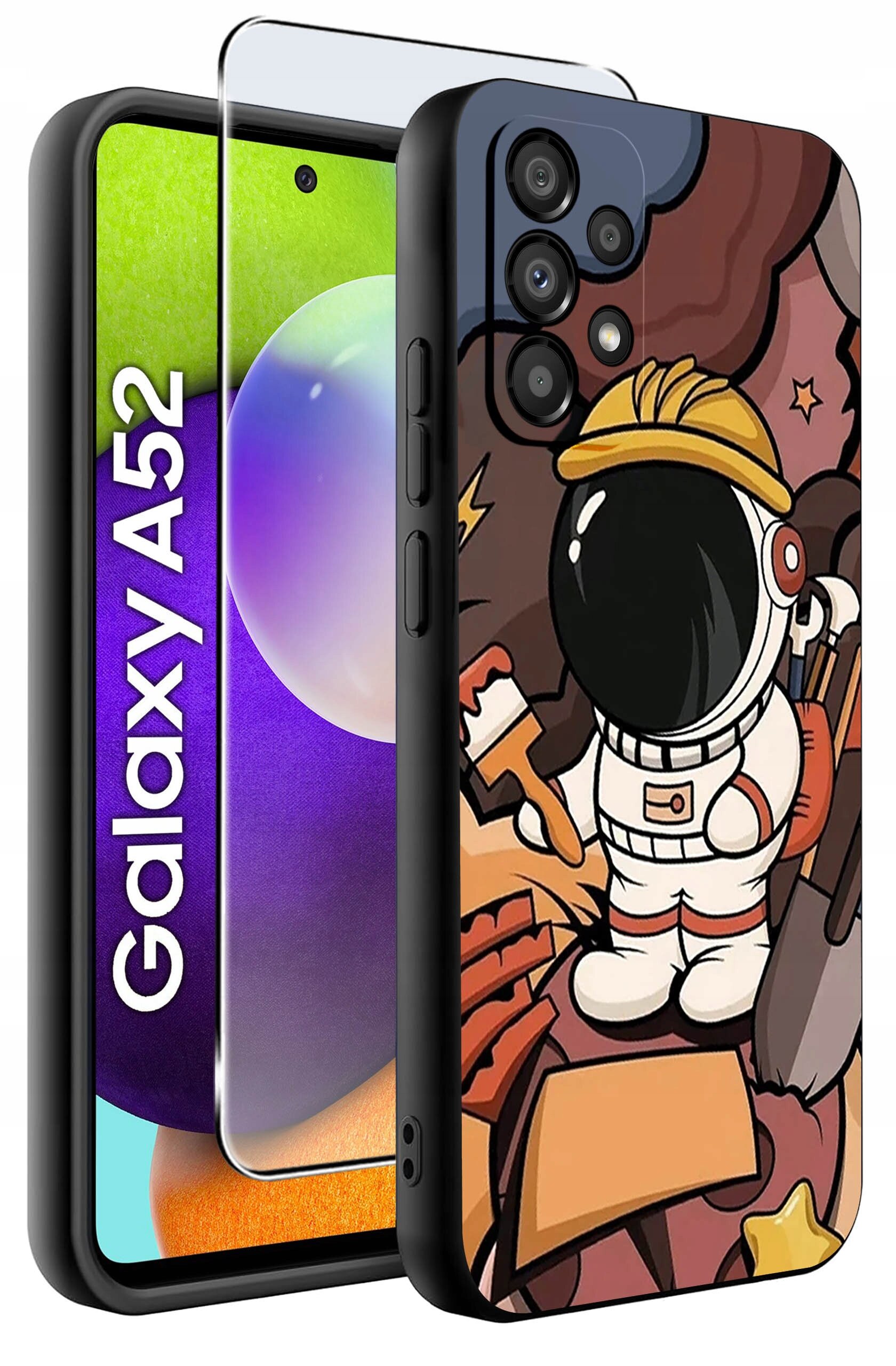 Etui na telefon z grafiką przedstawiającą astronautę w kasku budowlanym, trzymającego narzędzia. Obok etui widoczny jest telefon z napisem \'Galaxy A52\'.