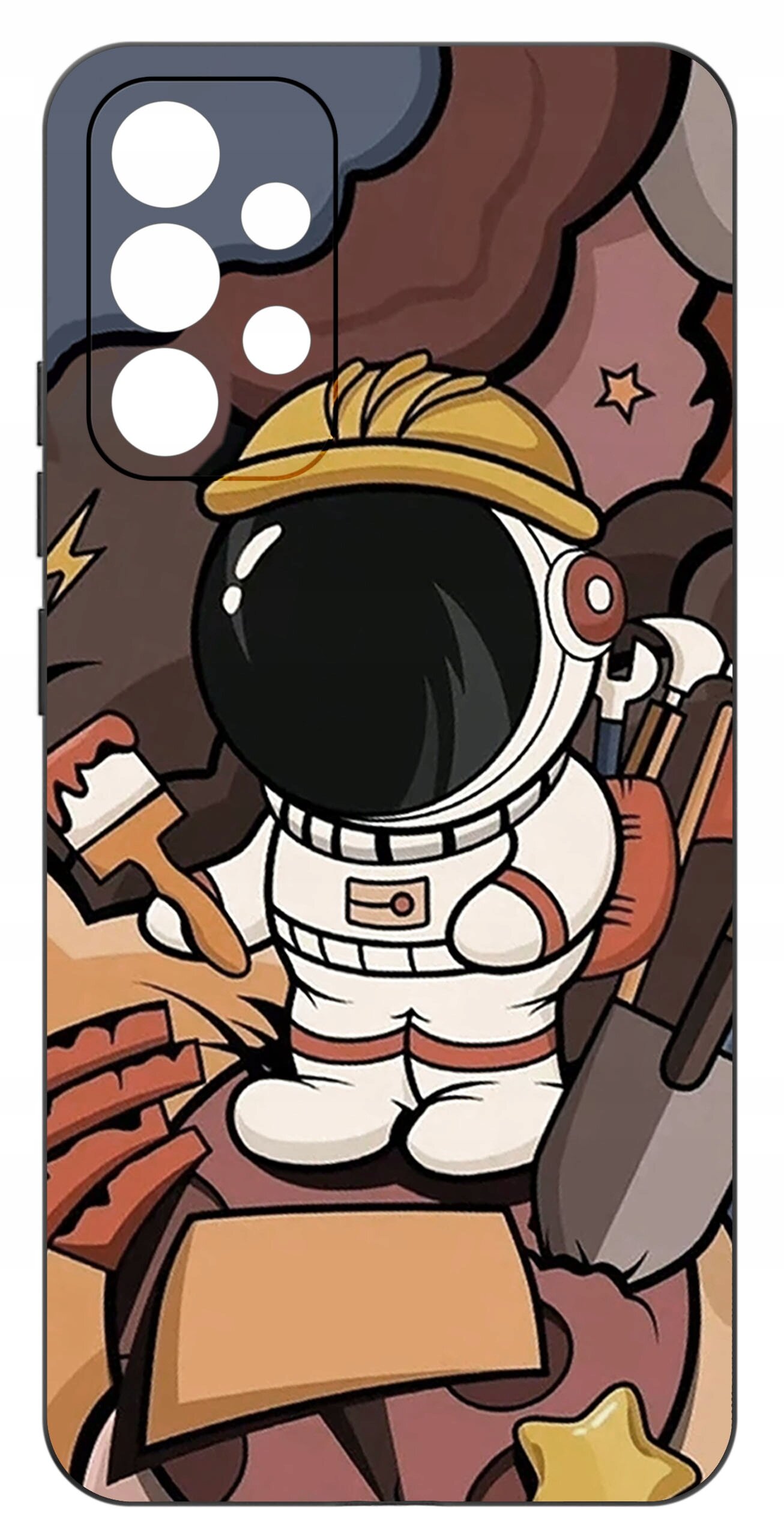 Etui na telefon z nadrukiem astronauty w kasku budowlanym, trzymającego pędzel i otoczonego narzędziami oraz gwiazdami.