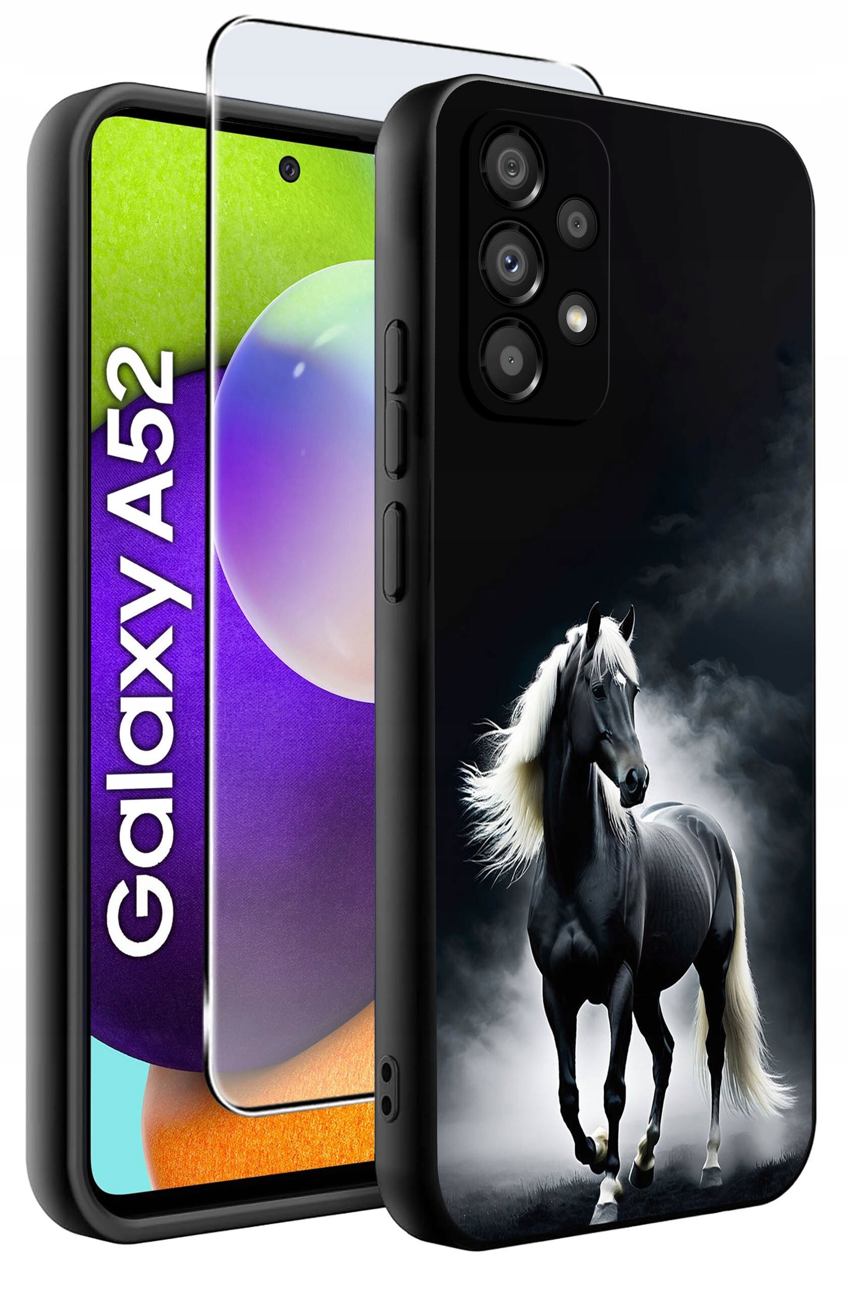 Obraz przedstawia etui na telefon z motywem konia na tle chmur. Obok widoczny jest telefon z napisem \'Galaxy A52\' oraz szkło ochronne.