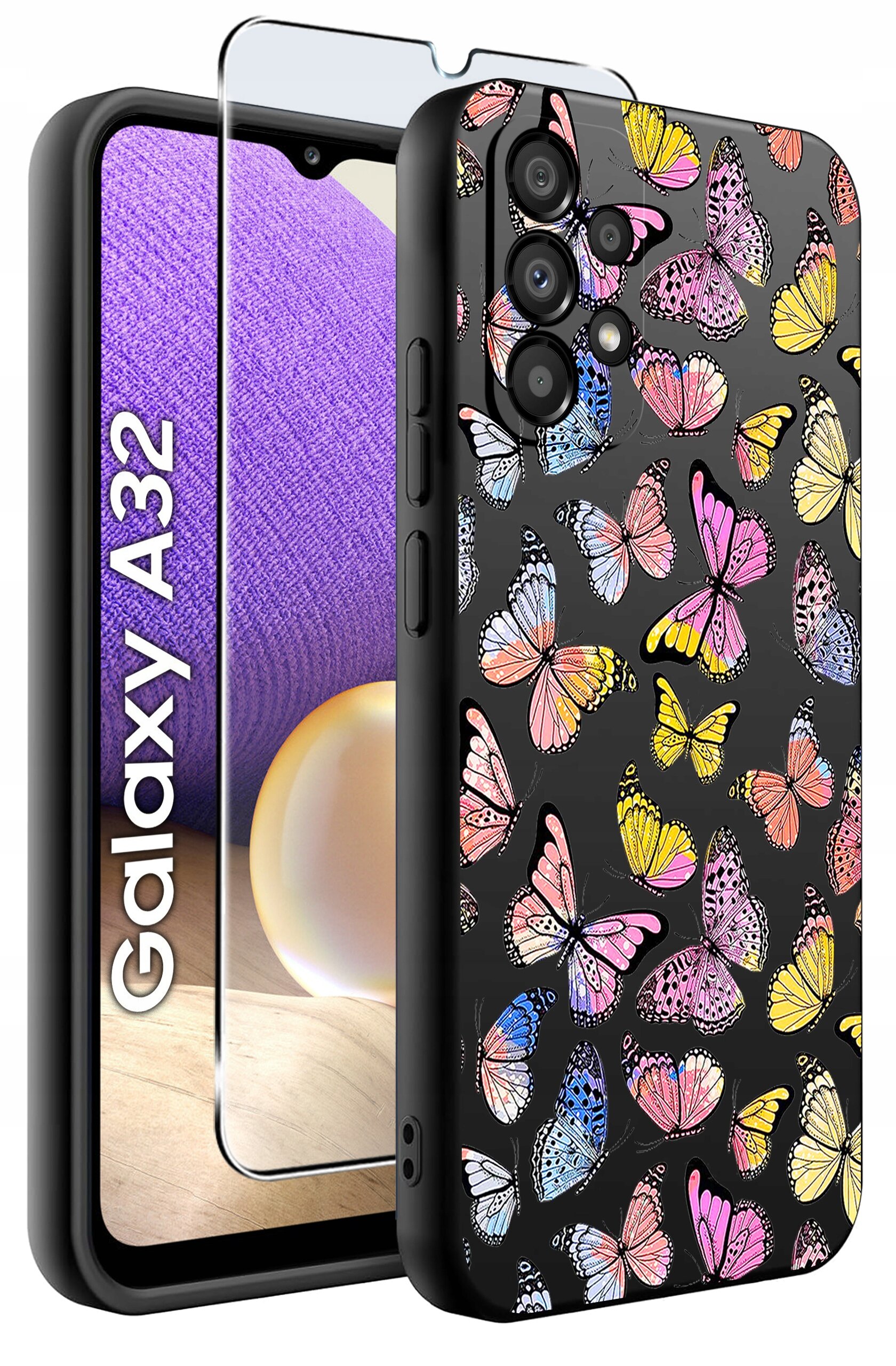 Etui na telefon z kolorowymi motylami na czarnym tle oraz szkło ochronne. Obok widoczny napis \'Galaxy A32\'.