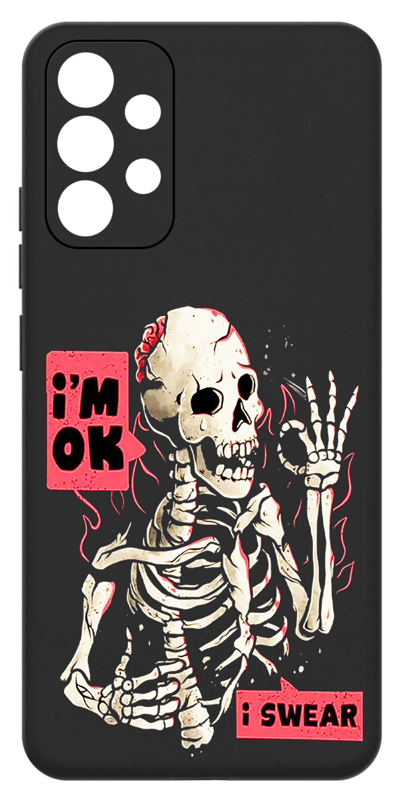 Czarne etui z nadrukiem szkieletu w otoczeniu płomieni, z tekstem \'i\'m OK\' oraz \'i SWEAR\'.