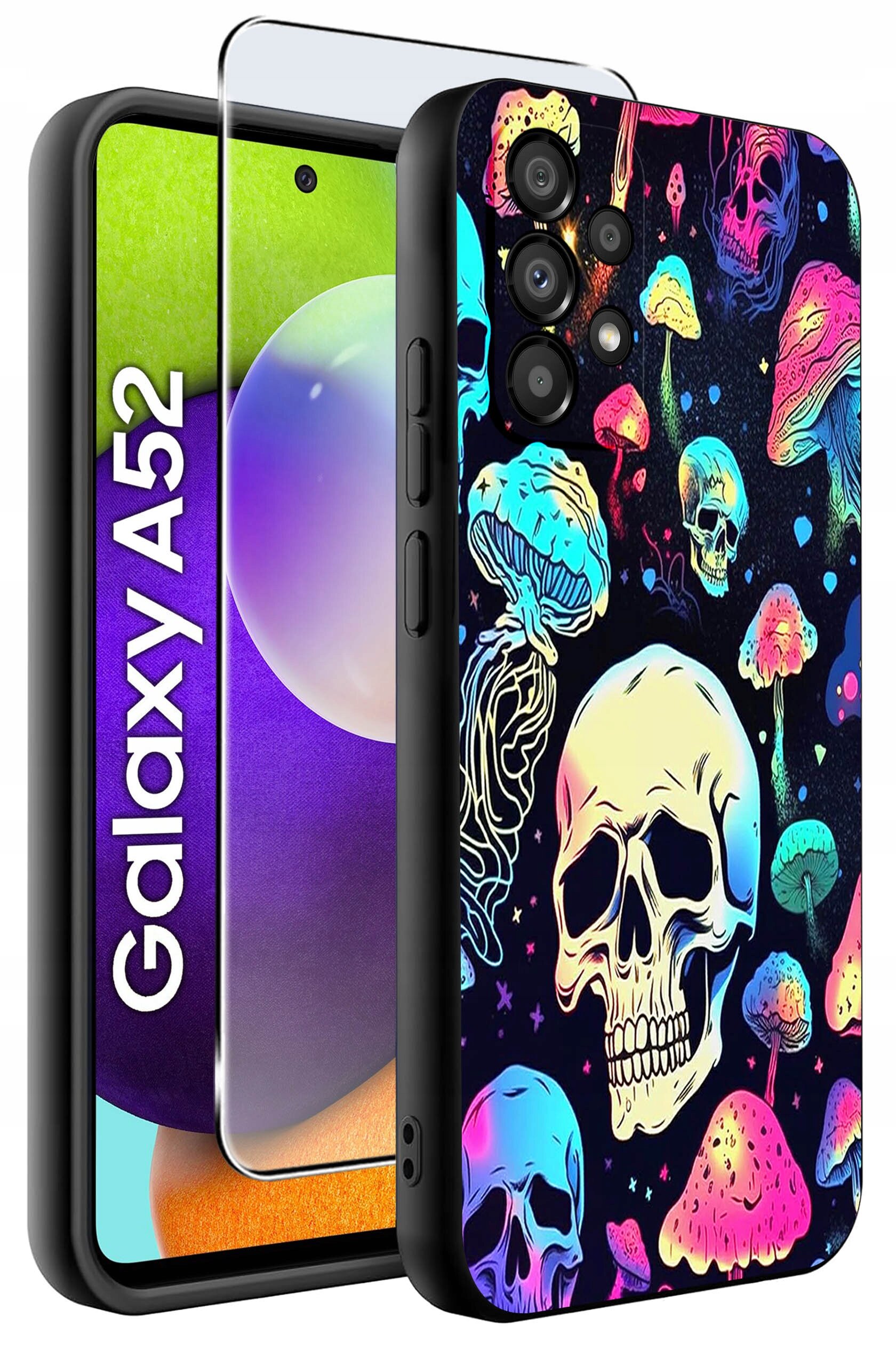 Etui na telefon z kolorowym wzorem czaszek i grzybów, obok widoczny jest napis \'Galaxy A52\'.