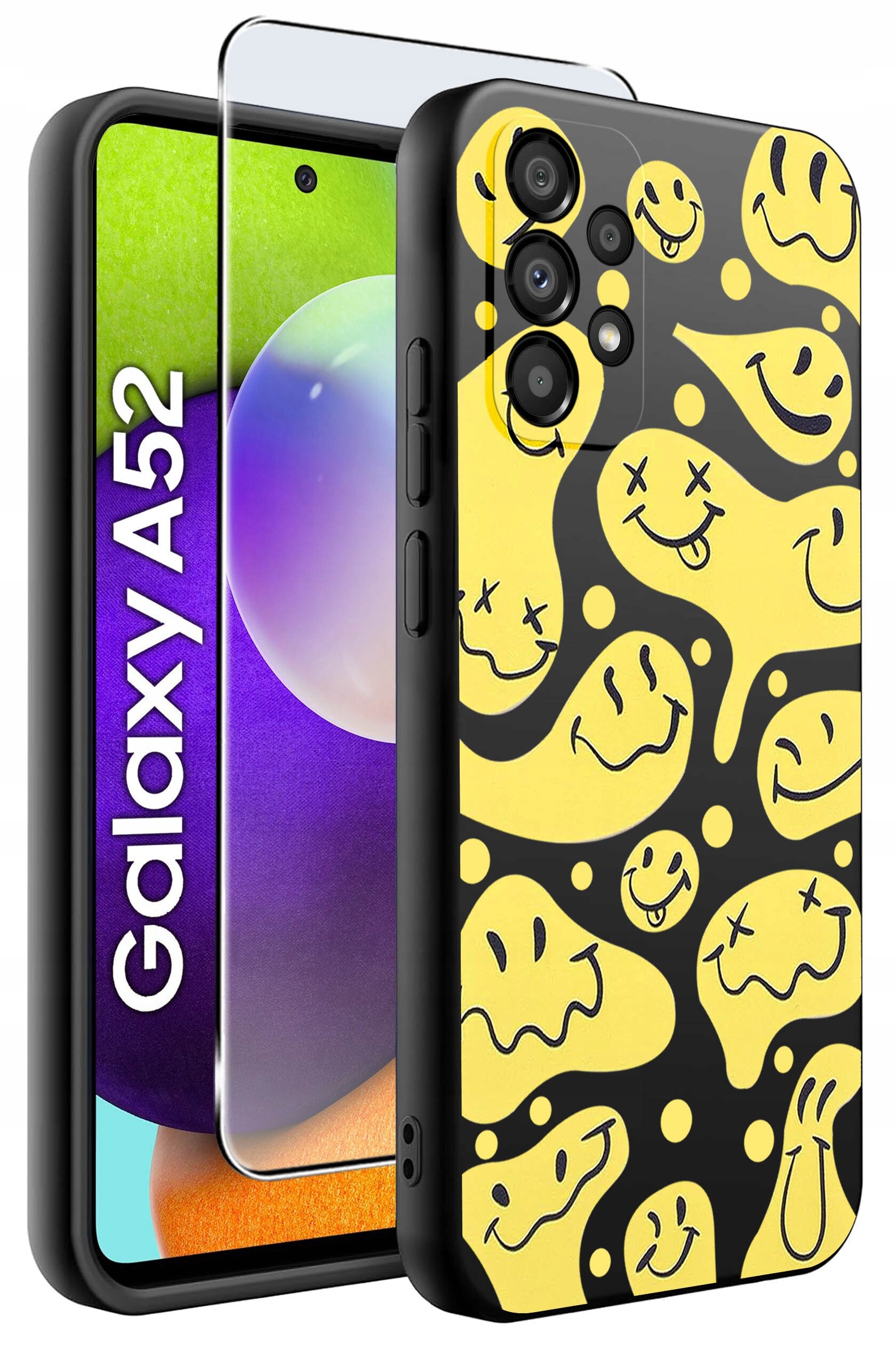 Etui na telefon z żółtymi wzorami uśmiechniętych twarzy na czarnym tle, obok którego znajduje się szkło ochronne. Na ekranie telefonu widoczny jest napis \'Galaxy A52\'.
