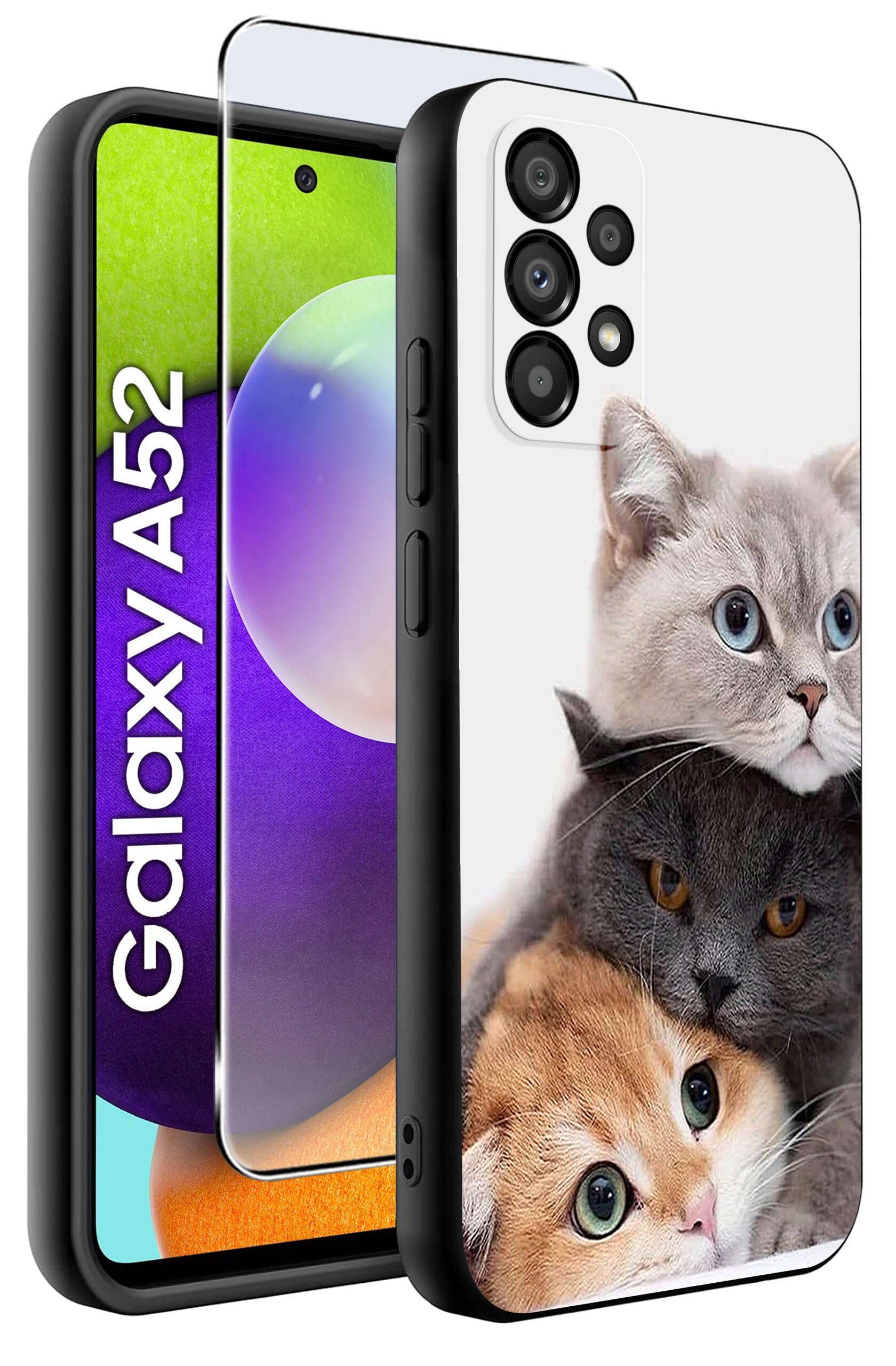 Etui na telefon z nadrukiem trzech kotów, przeznaczone dla modelu Galaxy A52. Obok etui widoczny jest telefon z wyświetlaczem i napisem \'Galaxy A52\'.